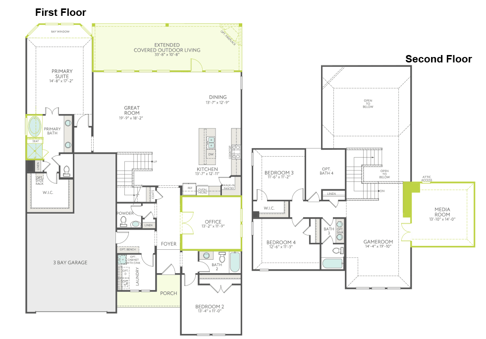 The image appears to be a floor plan for a two-story residential building, with the first floor on the left and the second floor on the right. The plan includes various rooms and spaces, such as a garage, bedrooms, bathrooms, and a living area.
