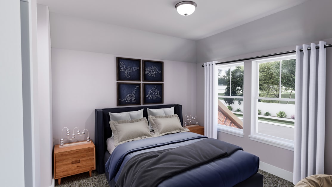 A cozy and modern bedroom with a large window overlooking a scenic outdoor area, featuring a plush bed with gray and white bedding, and decorative wall art above the headboard.