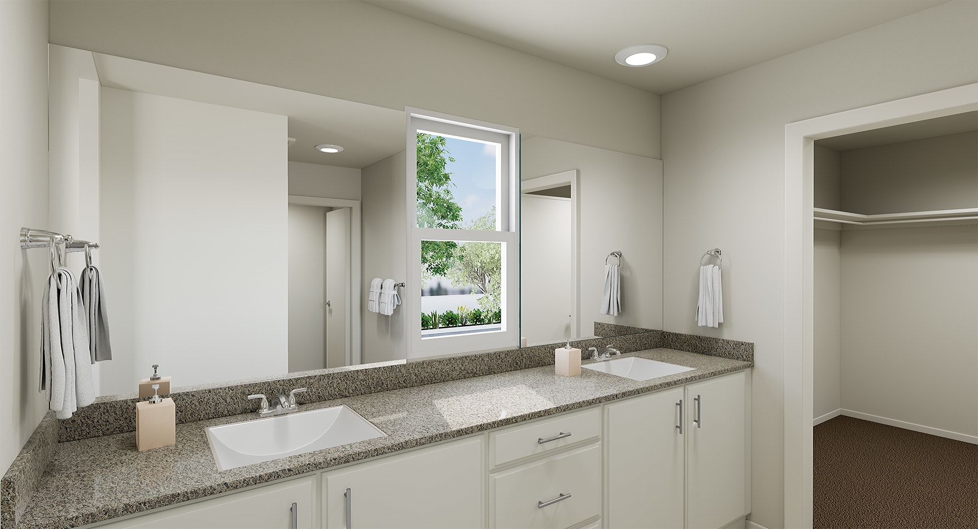A modern, well-lit bathroom with a large window, a granite countertop, and a double vanity with white cabinets.