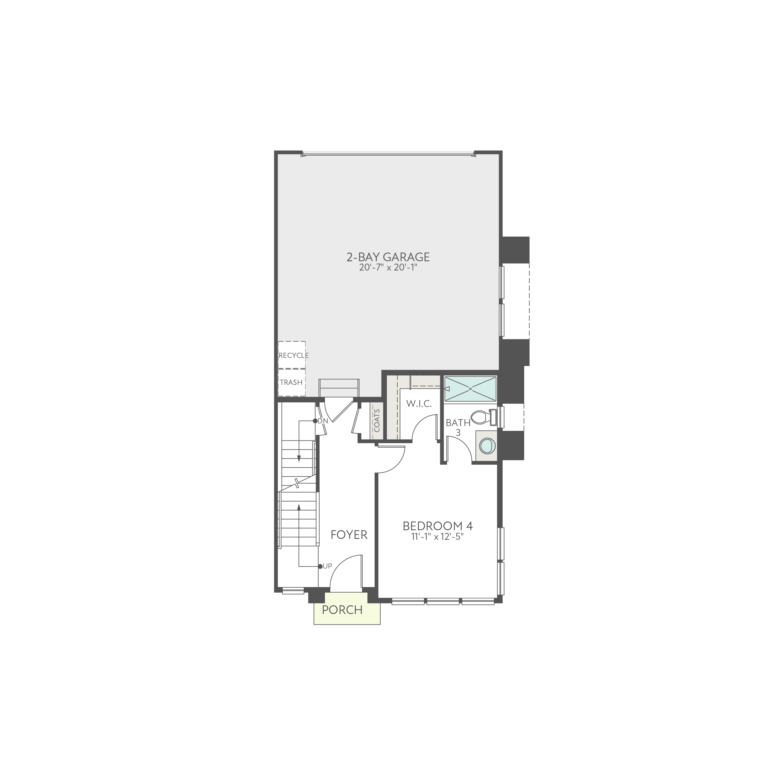 The image appears to be a floor plan or layout of a 2-bay garage with a bedroom and other rooms on the upper level.