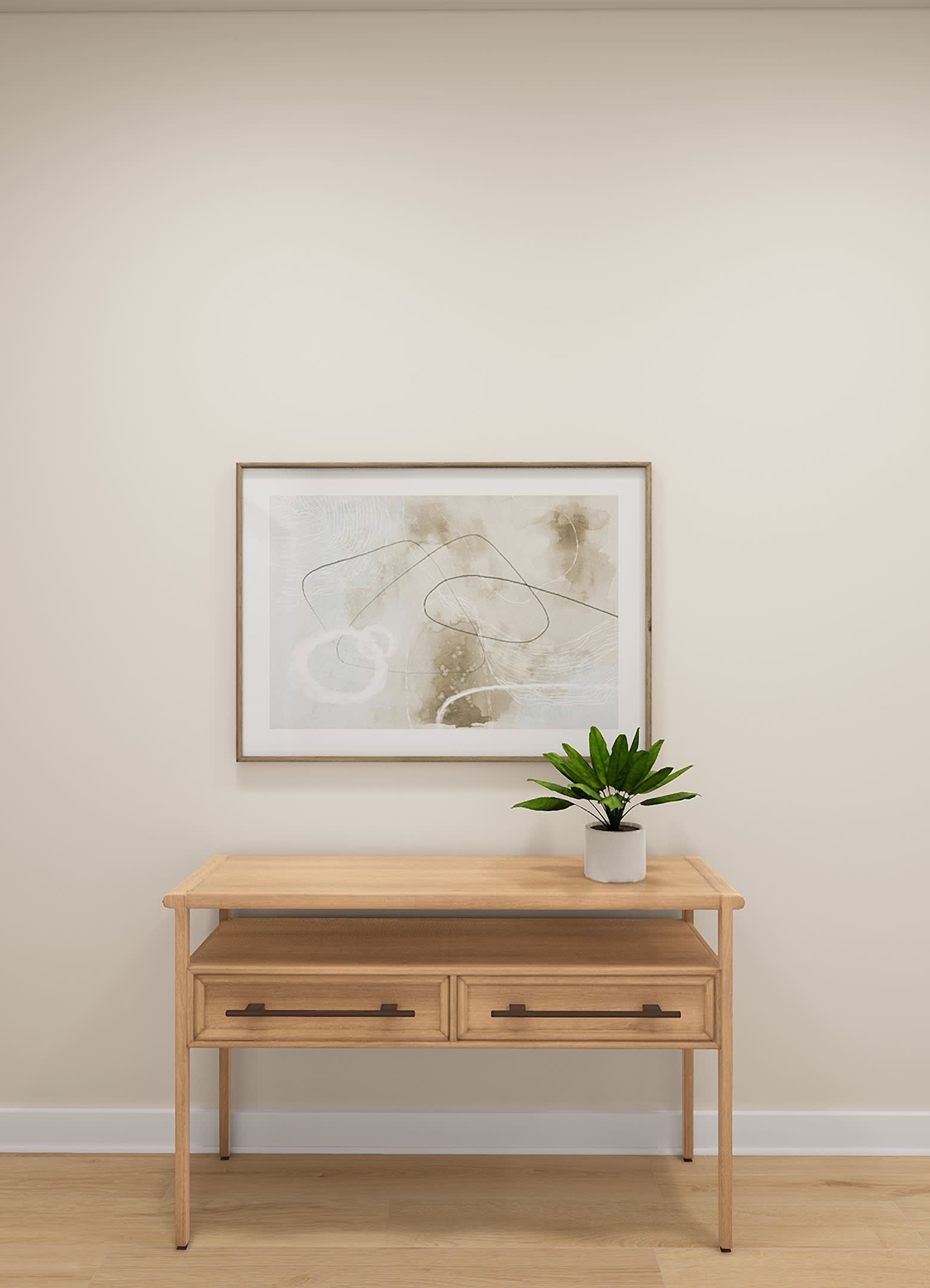 A wooden console table with drawers stands in front of a framed abstract artwork on a plain white wall, with a potted plant placed on top of the table.
