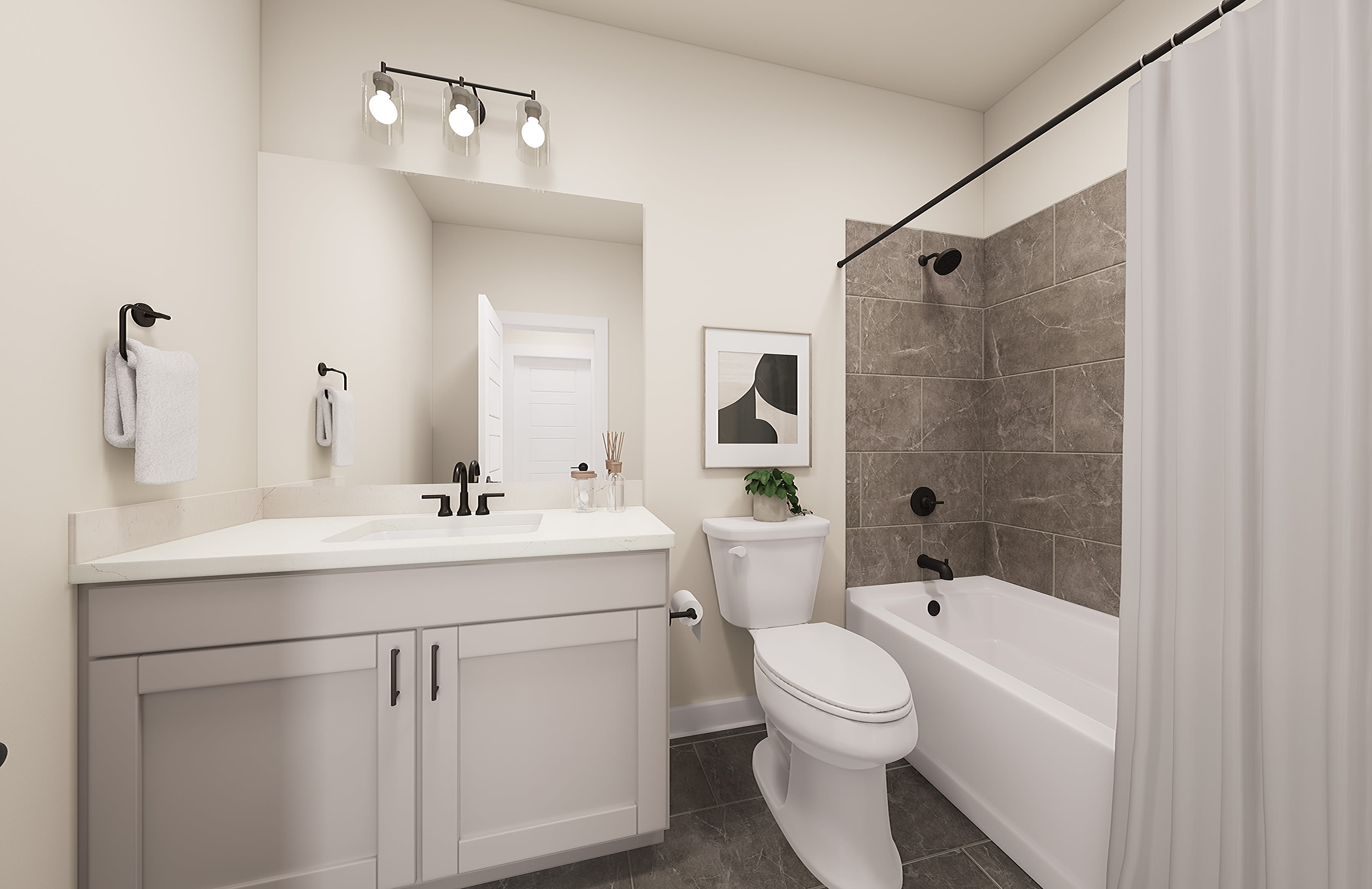 A modern and minimalist bathroom with a white vanity, gray tile walls, and a bathtub surrounded by a shower curtain.