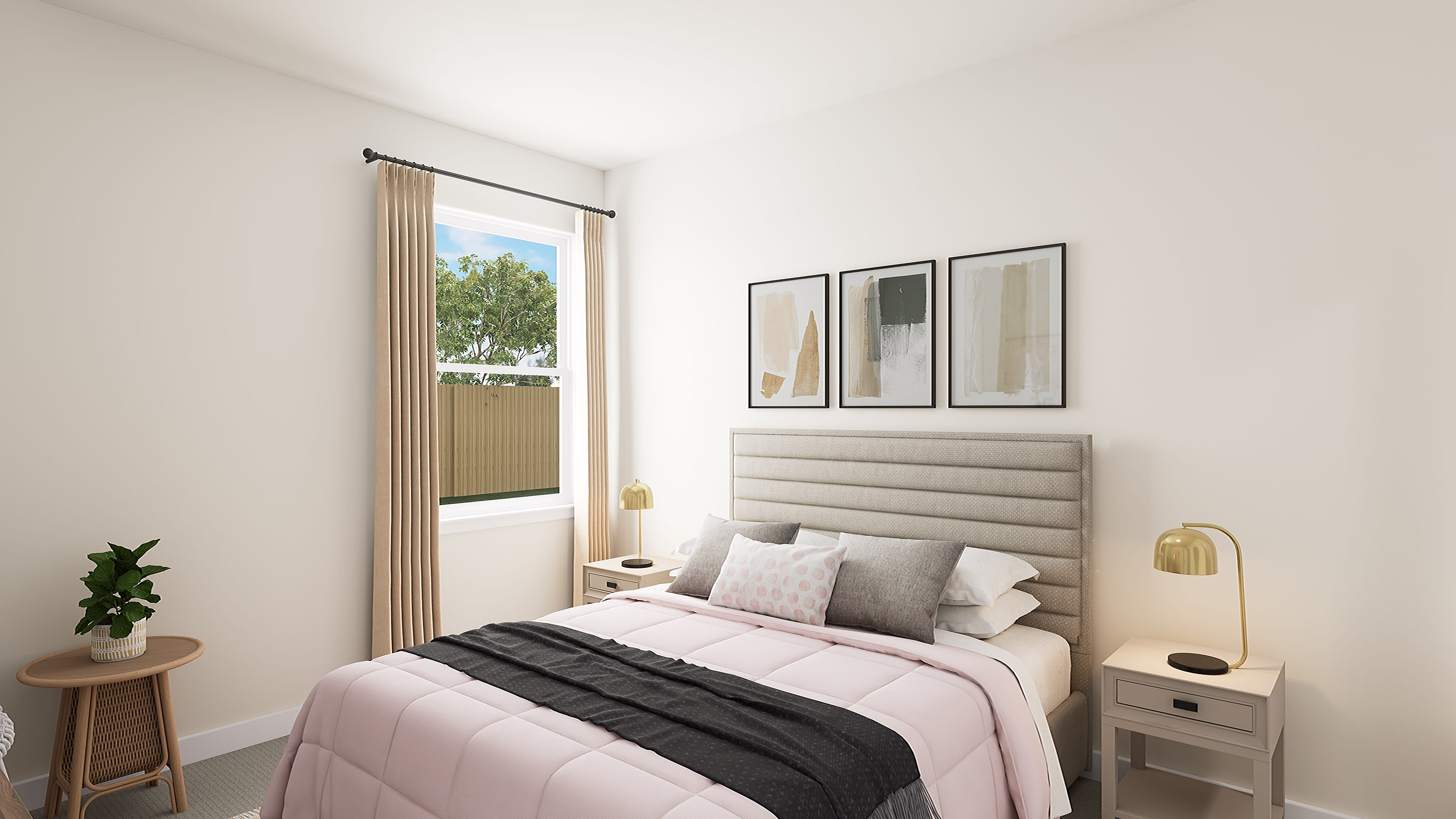 A modern, minimalist bedroom with a large window overlooking greenery, a plush upholstered headboard, and framed artwork on the wall.