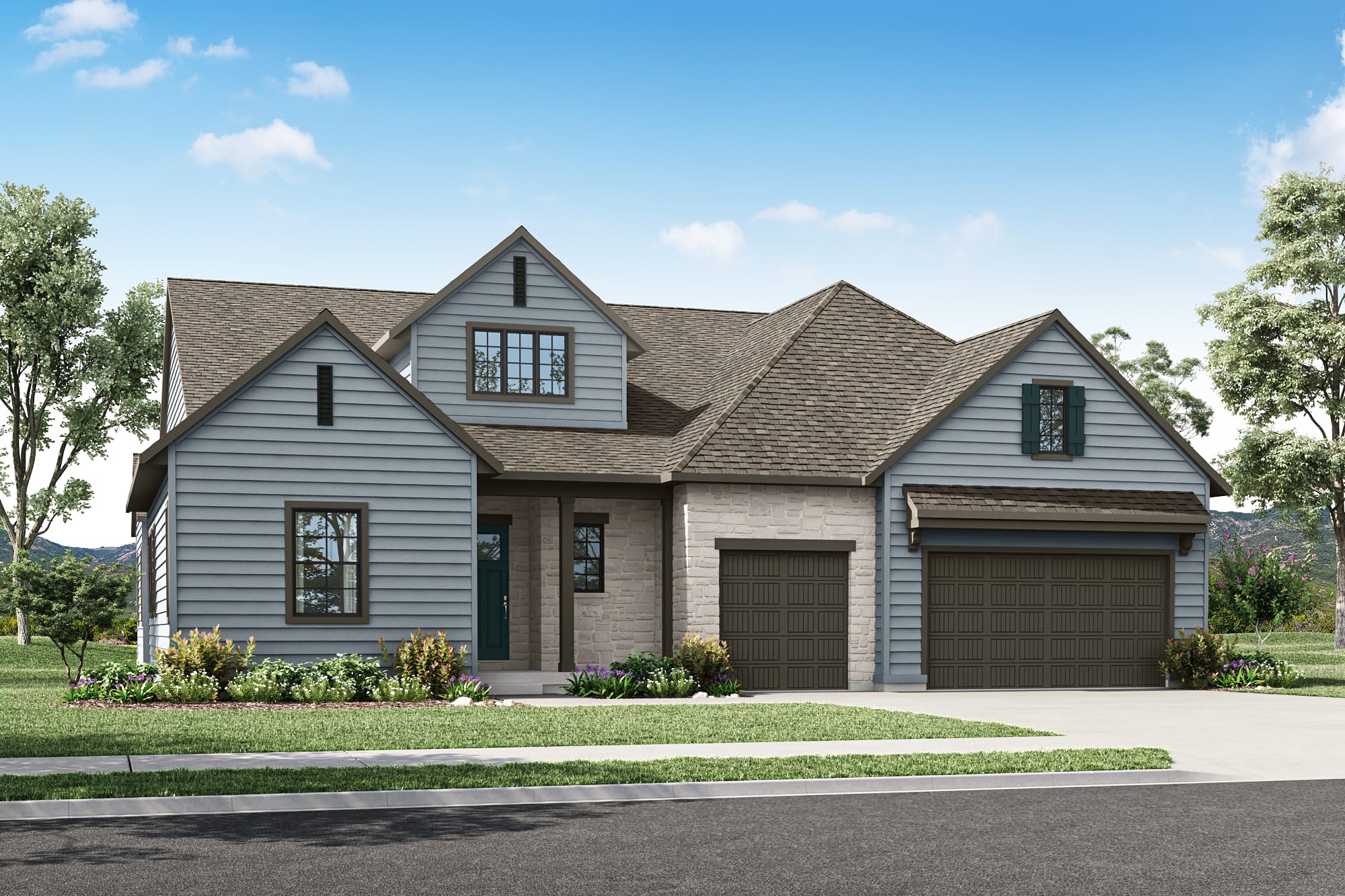 A two-story residential house with a gabled roof, gray siding, and a landscaped front yard set against a backdrop of blue sky and lush greenery.