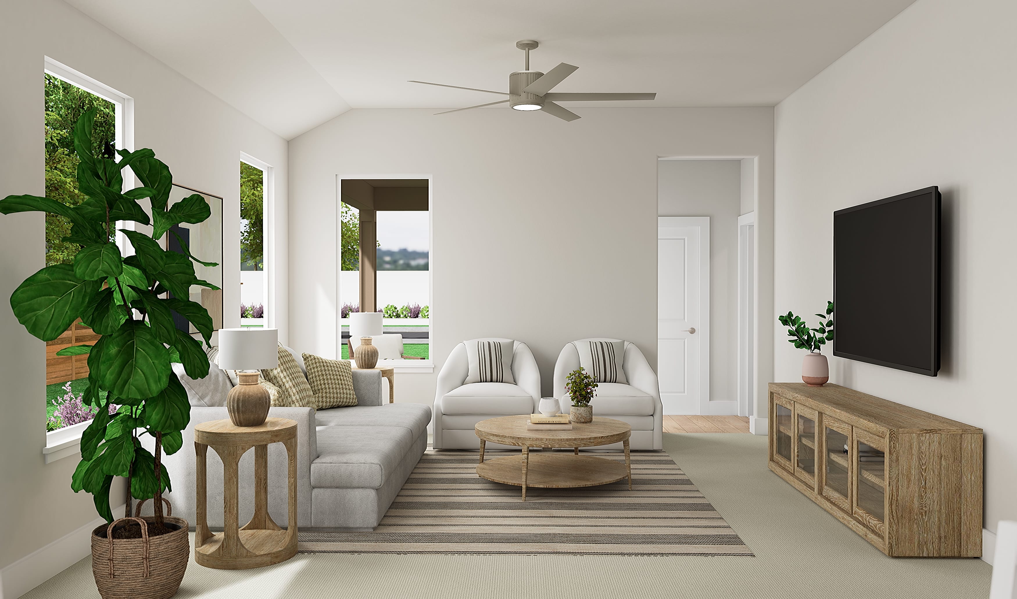 A cozy and inviting living room with a neutral color palette, comfortable seating, and various decorative elements such as plants, a TV, and a wooden cabinet.