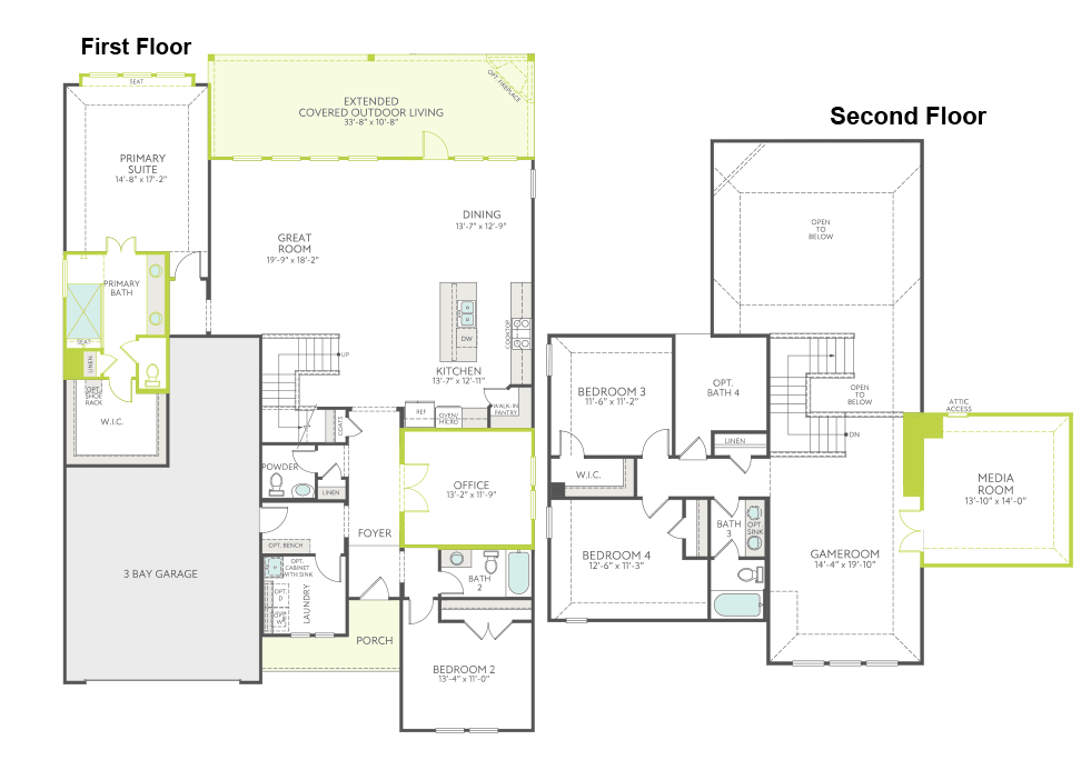 This is a floor plan diagram for a two-story residential building, showing the layout and dimensions of the first and second floors.