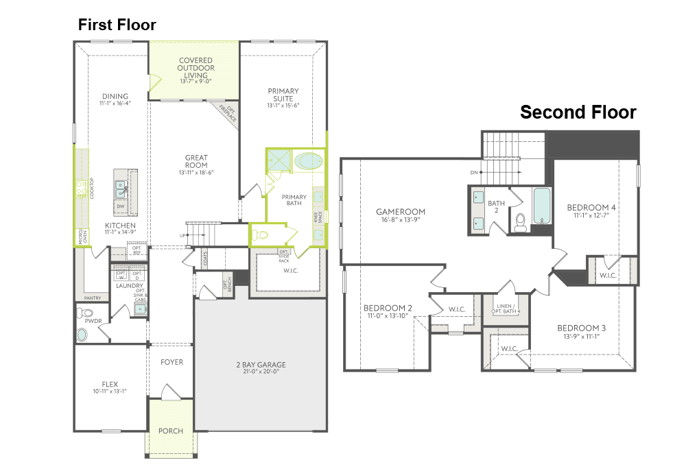 The image is a floor plan of a two-story house, showing the layout of the first and second floors. The plan includes various rooms, such as bedrooms, a living room, a kitchen, and a garage.