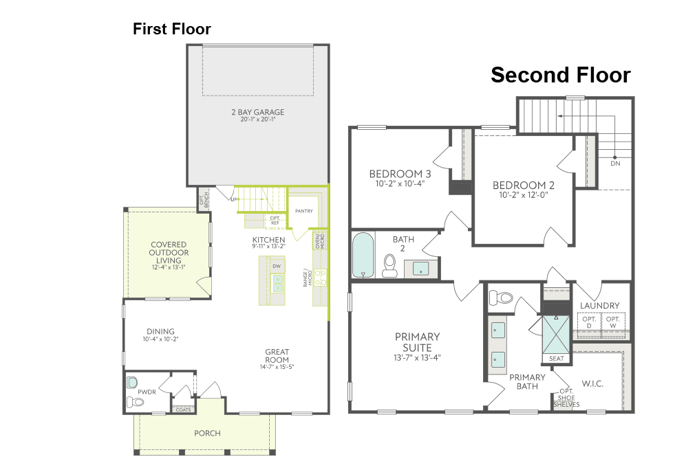The image is a floor plan diagram showing the layout of a two-story residential building, with the first floor on the left and the second floor on the right. The first floor includes a garage, kitchen, dining room, and living room, while the second floor has two bedrooms, a primary suite, and a laundry room.