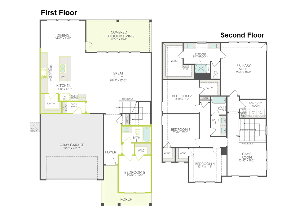 The image is a floor plan of a two-story residential building, with the first floor on the left and the second floor on the right. The plan includes various rooms and spaces, such as a kitchen, living room, bedrooms, and a covered outdoor area.