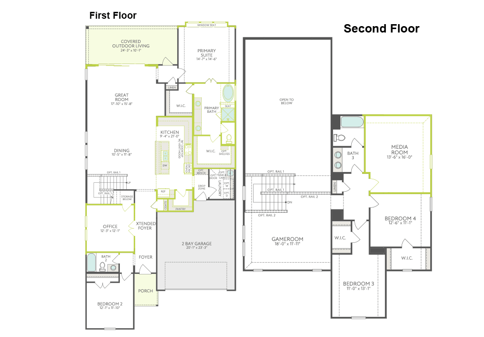 The image is a floor plan diagram showing the layout of a two-story building, with the first floor and second floor plans displayed side by side. The diagram includes labeled rooms, stairs, and other architectural features.