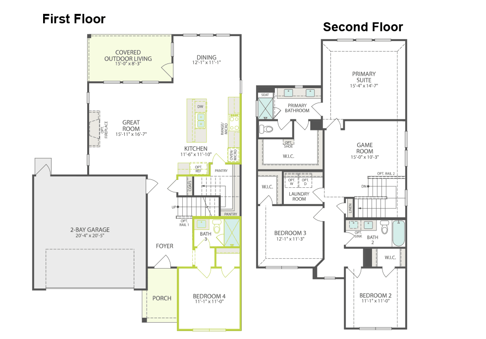This is a floor plan diagram showing the layout of a two-story residential building, with the first floor on the left and the second floor on the right. The plan includes details such as the garage, great room, kitchen, and bedrooms, providing a comprehensive overview of the building's interior spaces.