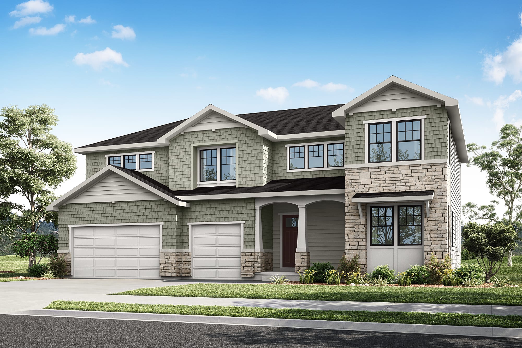 A two-story residential house with a gray exterior, a slanted roof, and a garage door in the foreground, set against a backdrop of trees and a blue sky with fluffy white clouds.