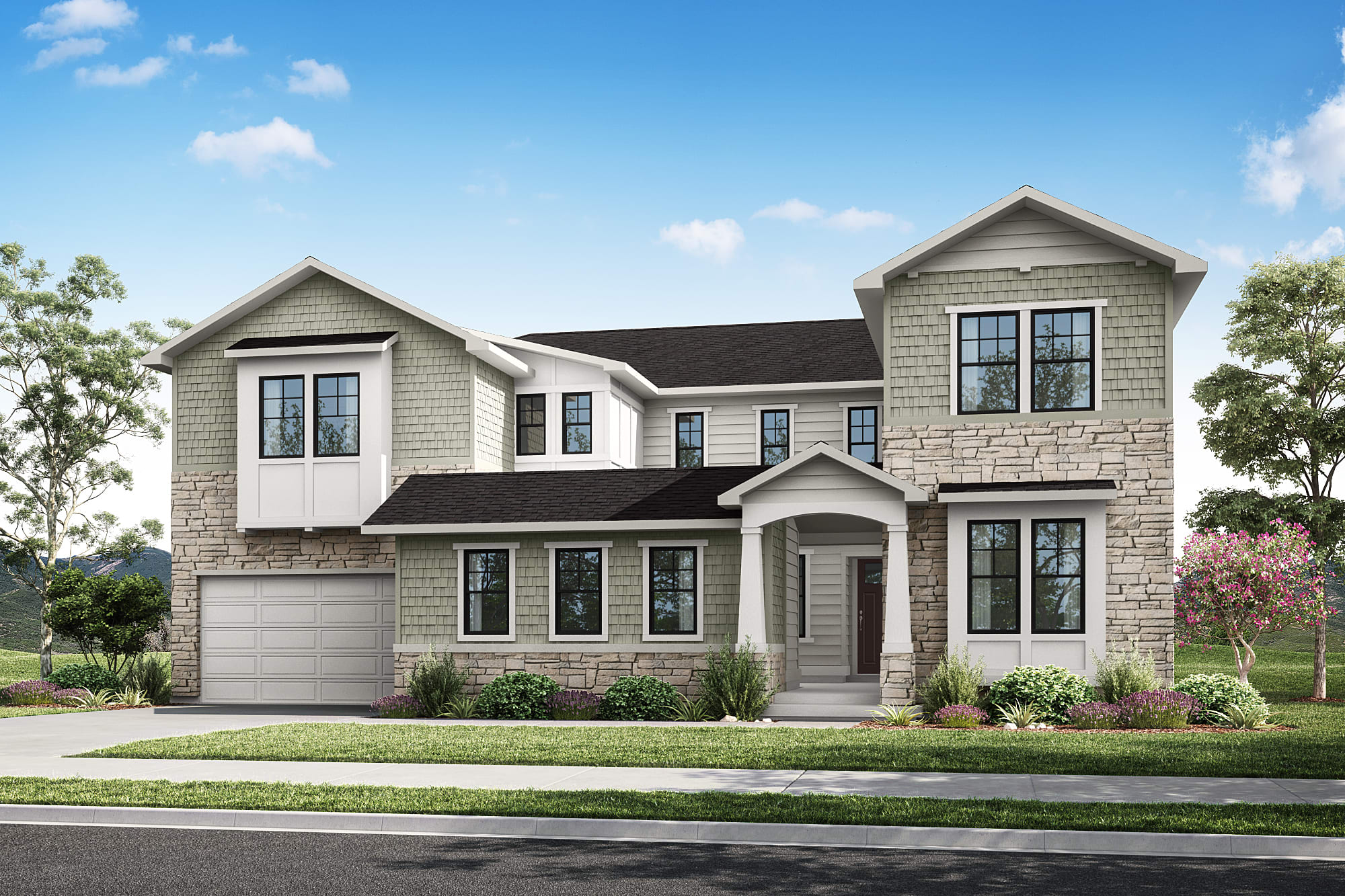 A two-story residential house with a garage, surrounded by lush greenery and a clear blue sky with fluffy white clouds.