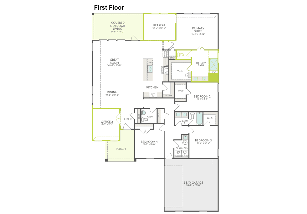 The image is a floor plan of a first-floor layout, featuring various rooms and spaces labeled with their respective functions.