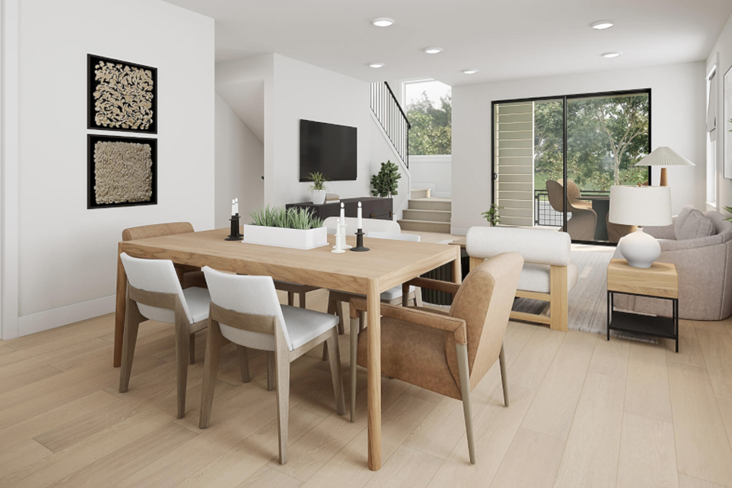 A modern and minimalist dining area with a wooden table and chairs, surrounded by a bright and airy living space with large windows overlooking the outdoors.