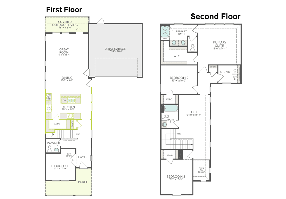 The image presents a floor plan for a two-story residential property, with the first floor on the left and the second floor on the right. The layout includes various rooms and spaces, such as a living room, dining room, kitchen, and bedrooms, along with their respective dimensions and placements.