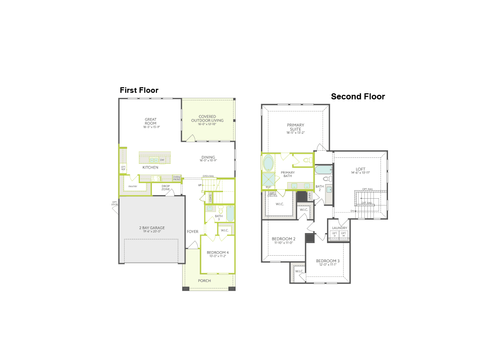 The image shows a detailed floor plan of a two-story residential building, with the first and second floors clearly labeled and their respective room layouts and dimensions provided.
