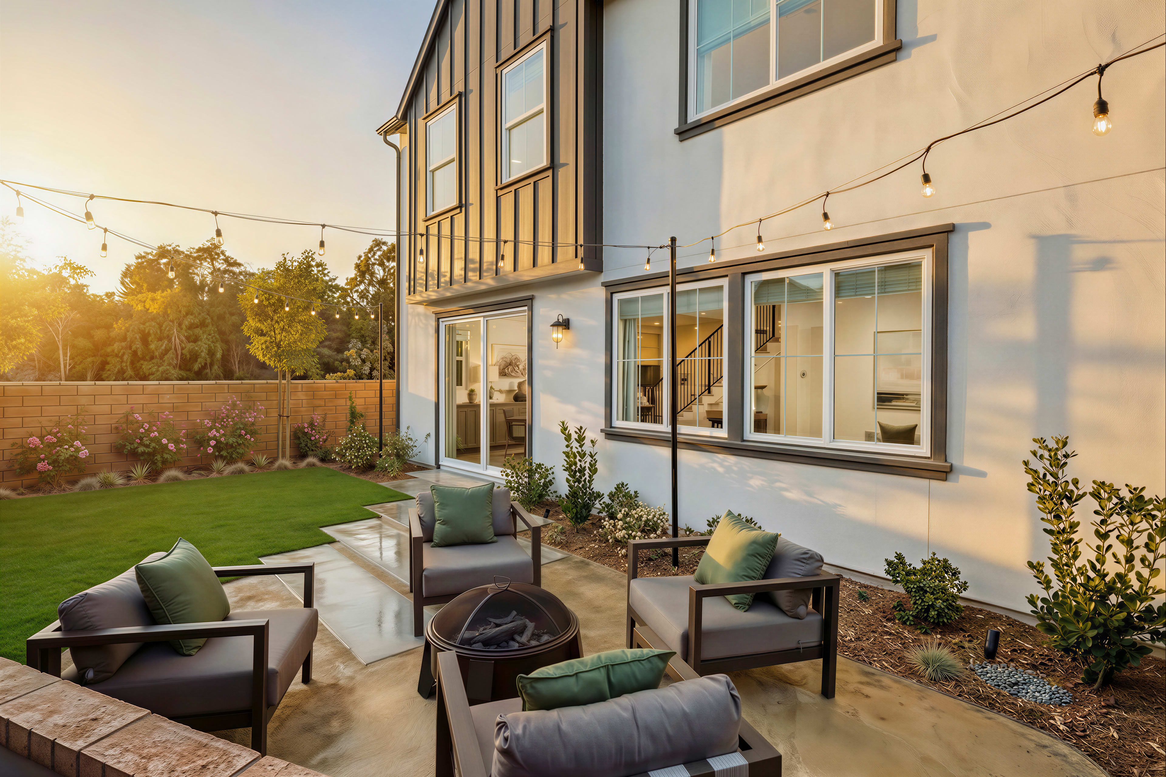 A cozy outdoor patio area with comfortable seating, surrounded by a well-maintained garden and a wooden-paneled house in the background, bathed in the warm glow of the setting sun.