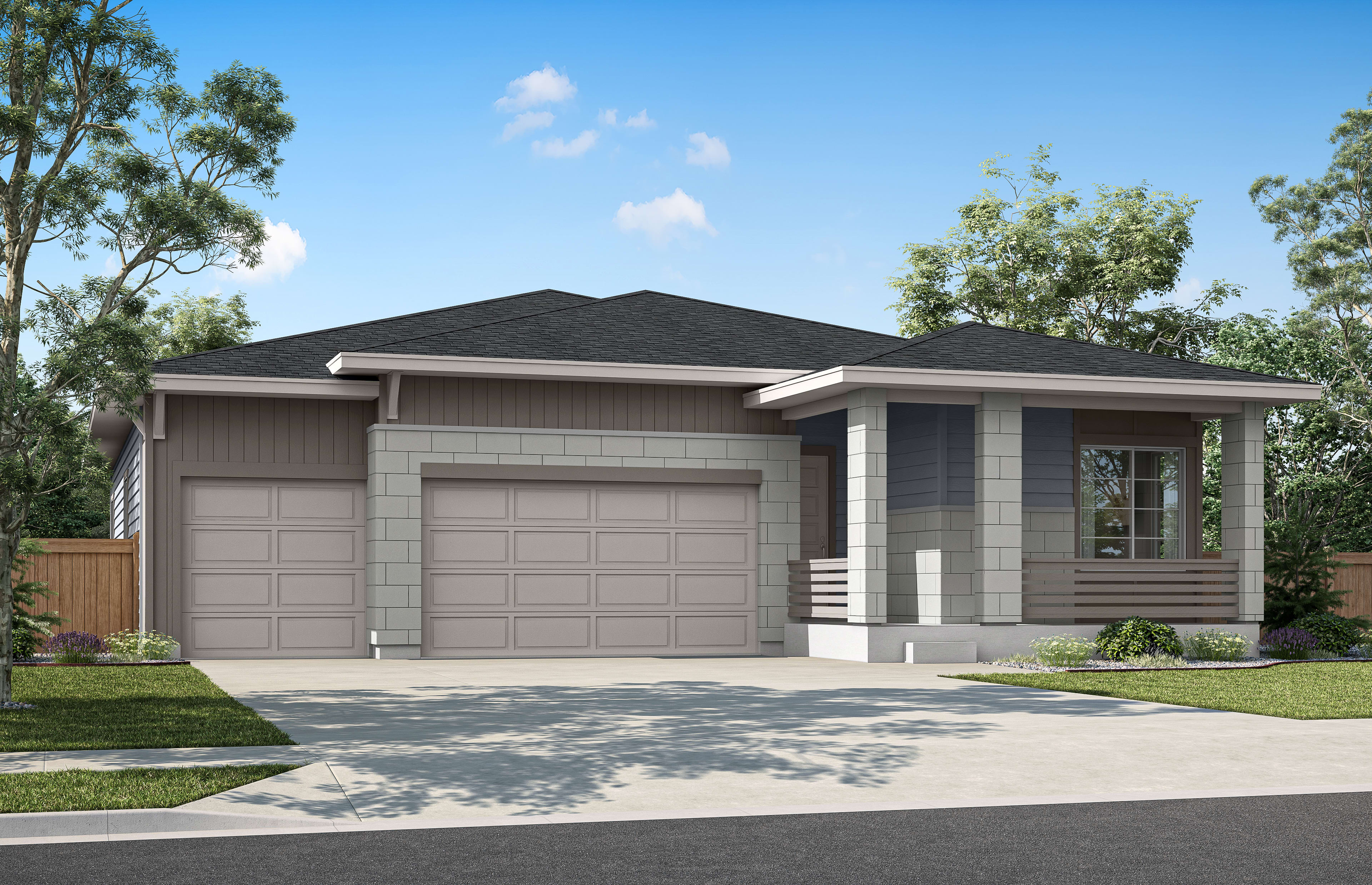 A modern two-story house with a garage, surrounded by lush greenery and a paved driveway in the foreground.