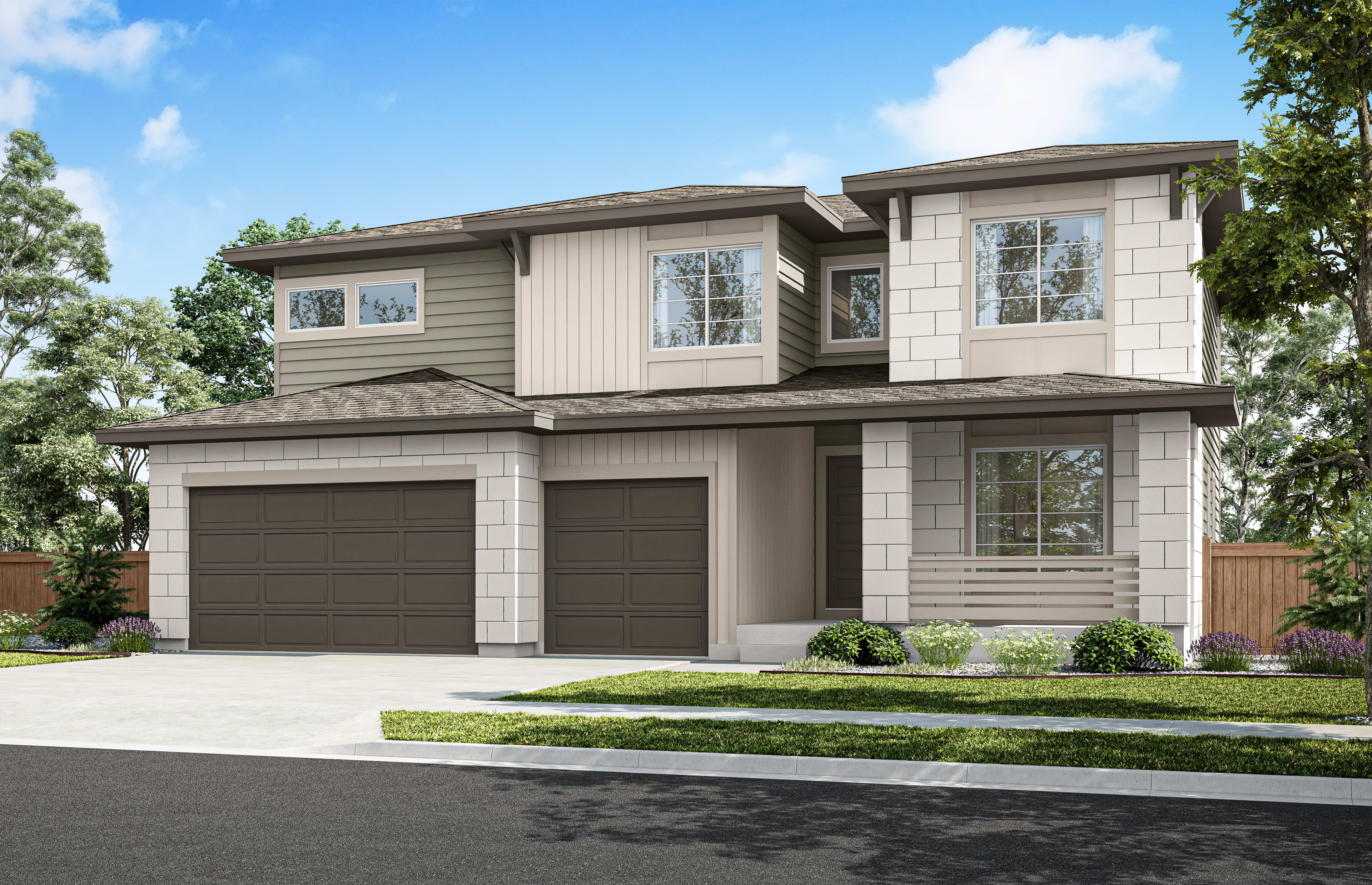 A two-story residential house with a garage, surrounded by trees and a well-maintained lawn in the foreground.