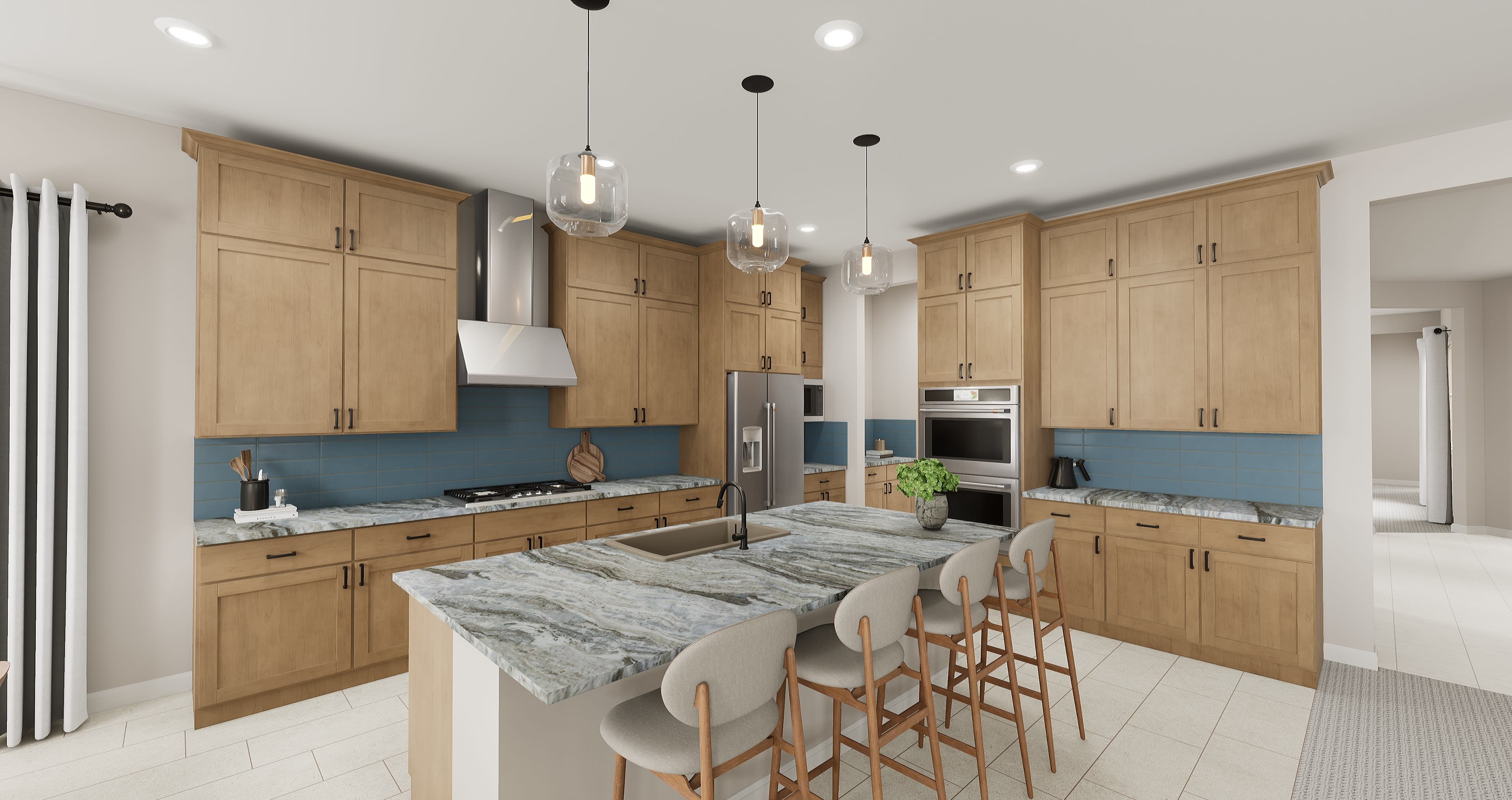 A modern and spacious kitchen with light wood cabinets, a large marble-topped island, and pendant lighting fixtures creating a warm and inviting atmosphere.