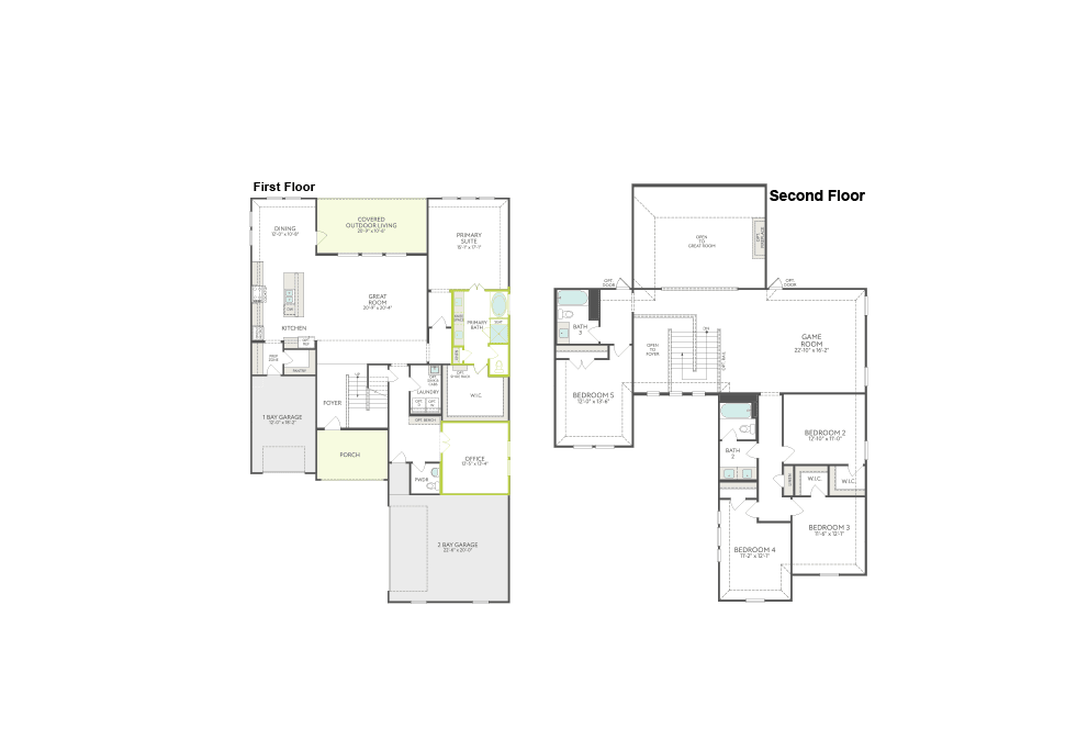 Floor plans for the first and second stories of a house are displayed against a white background.