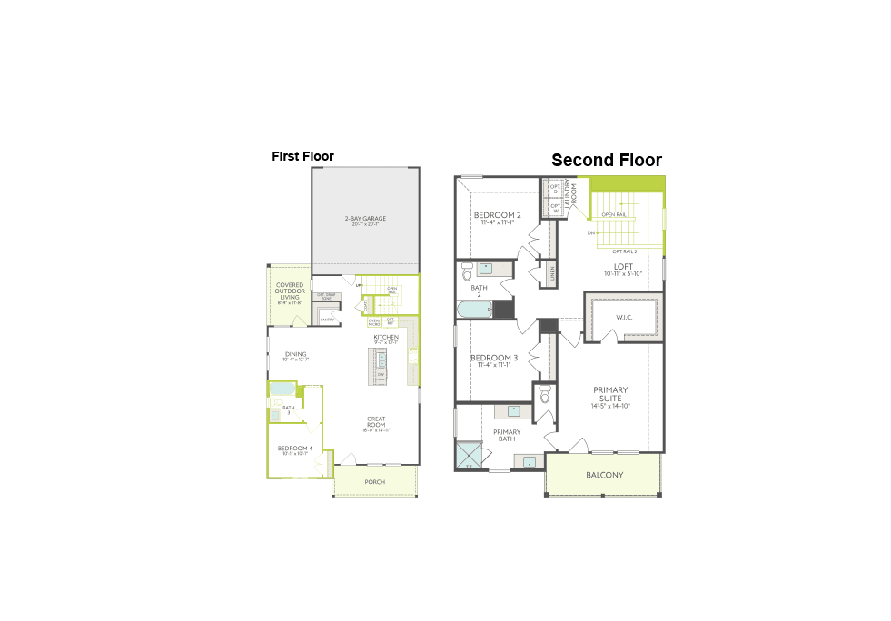 Floor plans for the first and second stories of a house are displayed side-by-side against a white background.