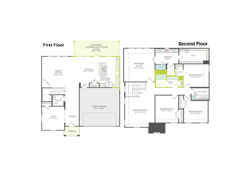 A floor plan displays the first floor with a great room, dining area, and two-car garage in the foreground, and the second floor with bedrooms, bathrooms, and a laundry room in the background.