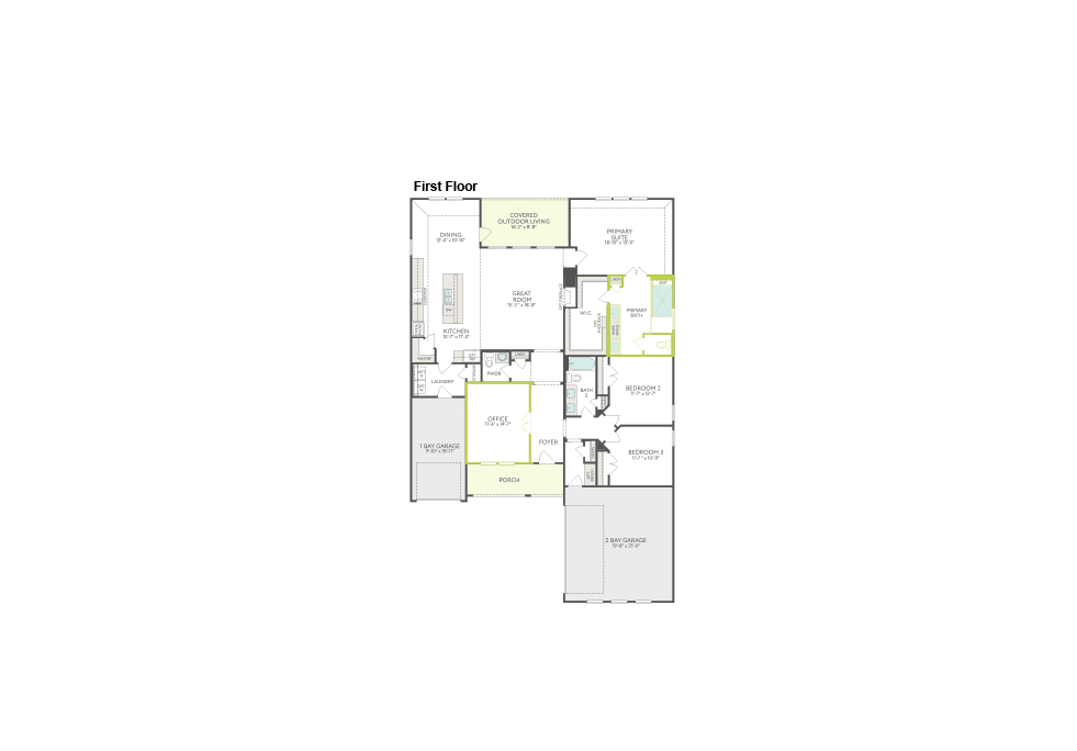 A detailed first-floor blueprint of a house is presented against a stark white background.