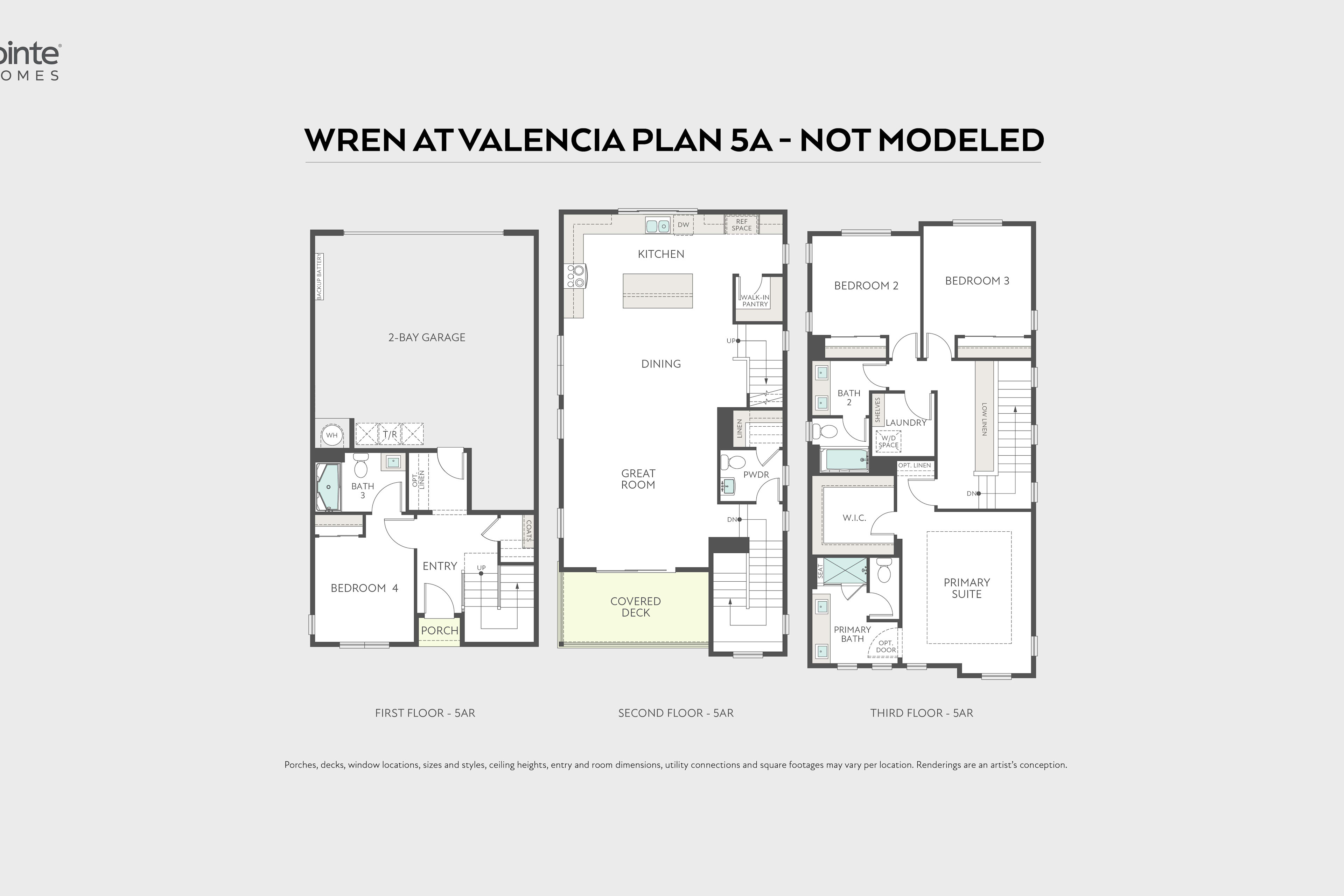 A floor plan of the Wren at Valencia Plan 5A is displayed with three levels shown side-by-side against a plain background.