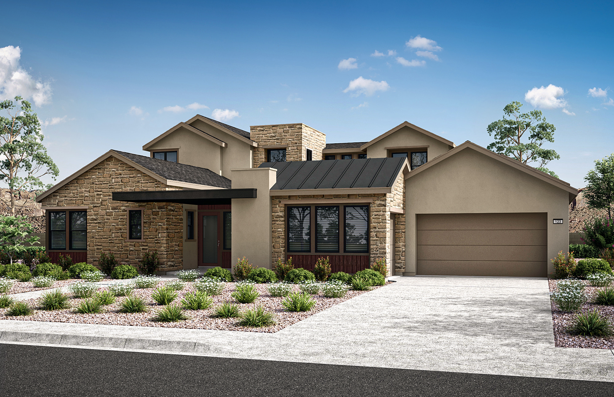 A two-story residential home with a stone exterior, a garage, and a well-manicured landscaped yard in the foreground, set against a clear blue sky with scattered clouds.