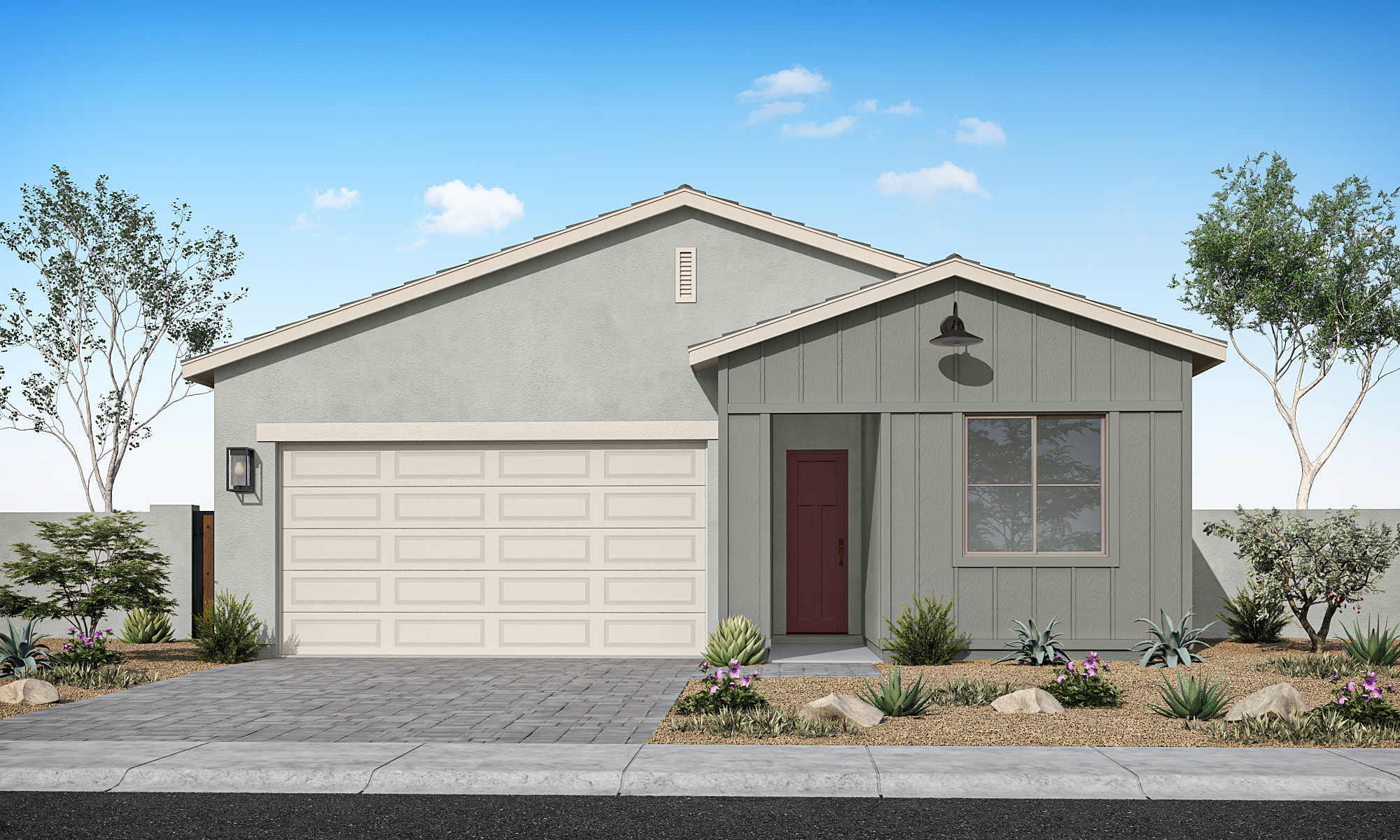 A single-story, gray-colored house with a red front door and a garage door stands in the foreground, surrounded by landscaping elements such as trees and plants in the background.