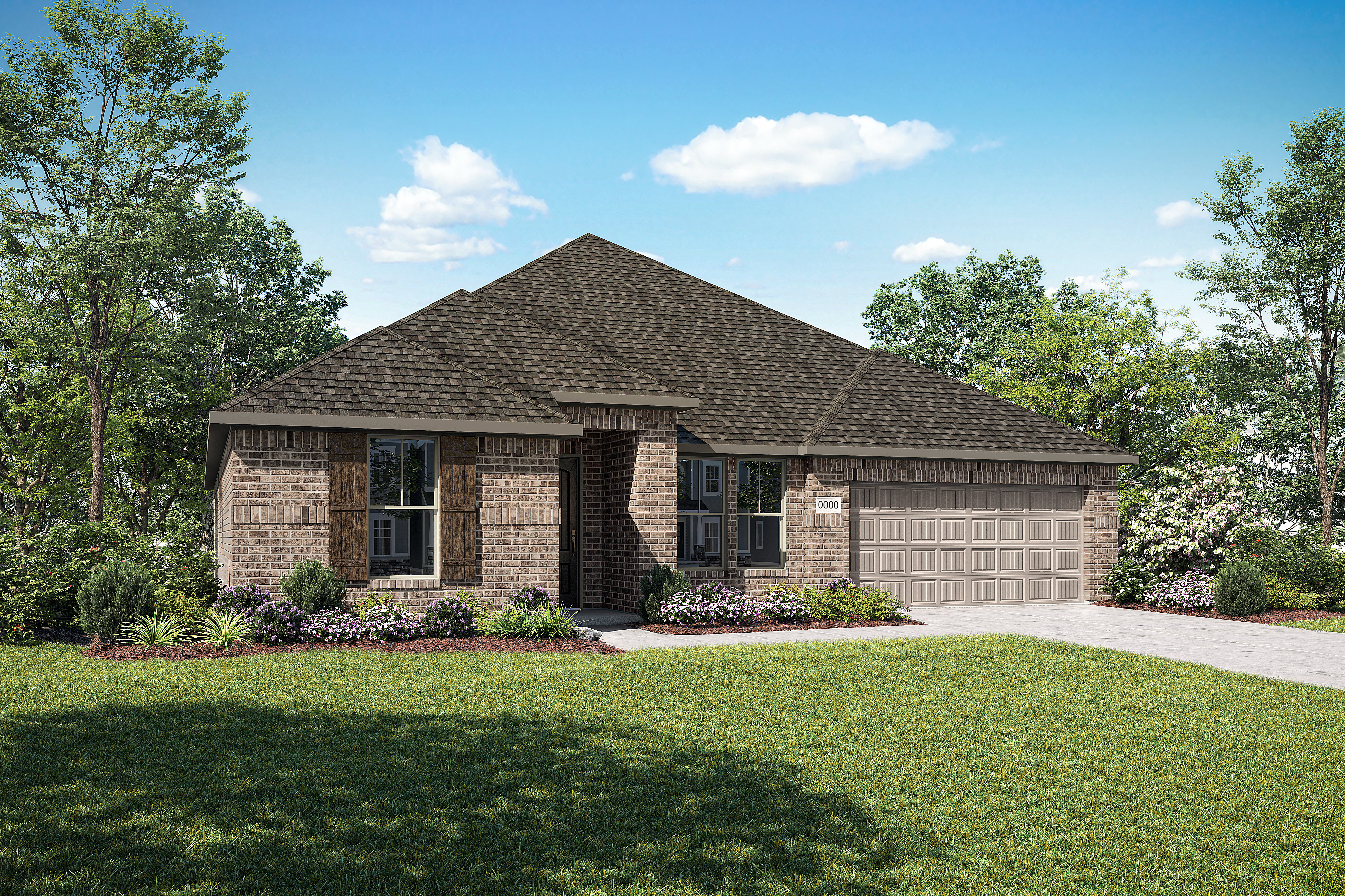 A single-story brick house with a brown shingled roof sits on a well-manicured lawn, surrounded by lush greenery and a clear blue sky with fluffy white clouds.