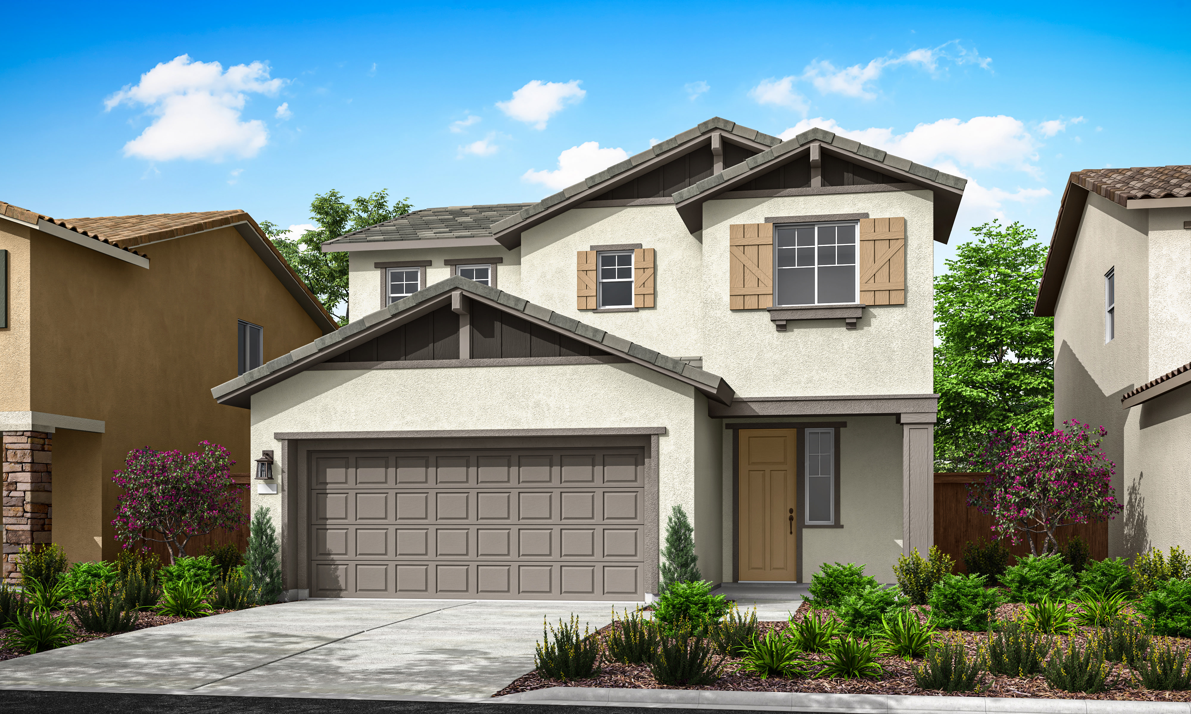 A two-story residential house with a garage, surrounded by lush greenery and a clear blue sky with fluffy white clouds.