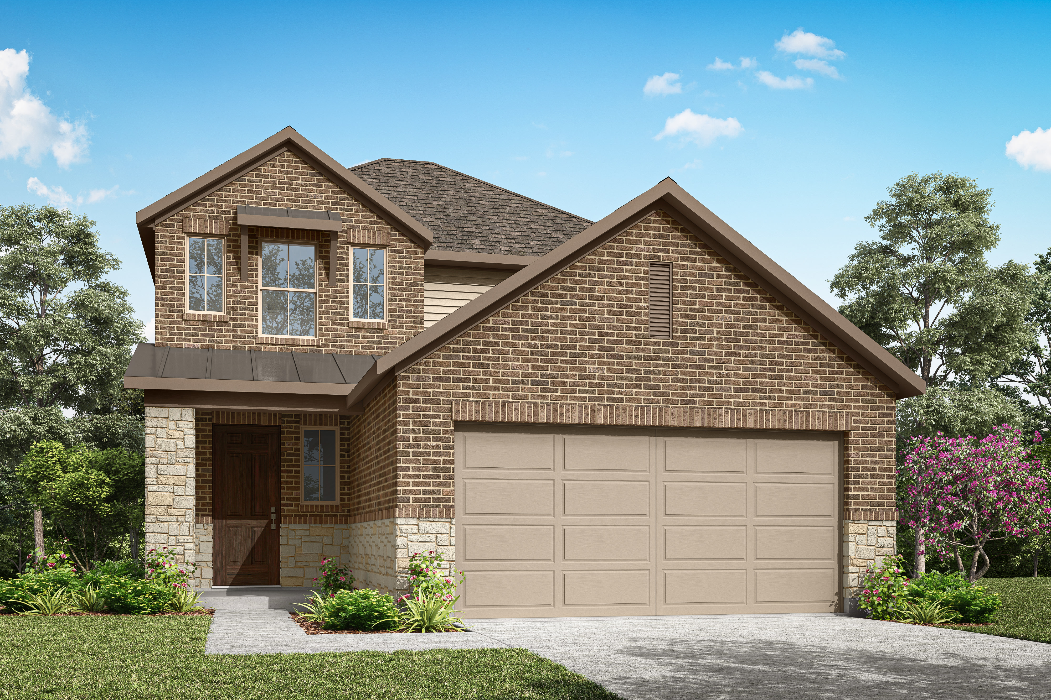 A two-story brick house with a garage, surrounded by lush greenery and a clear blue sky with fluffy clouds.