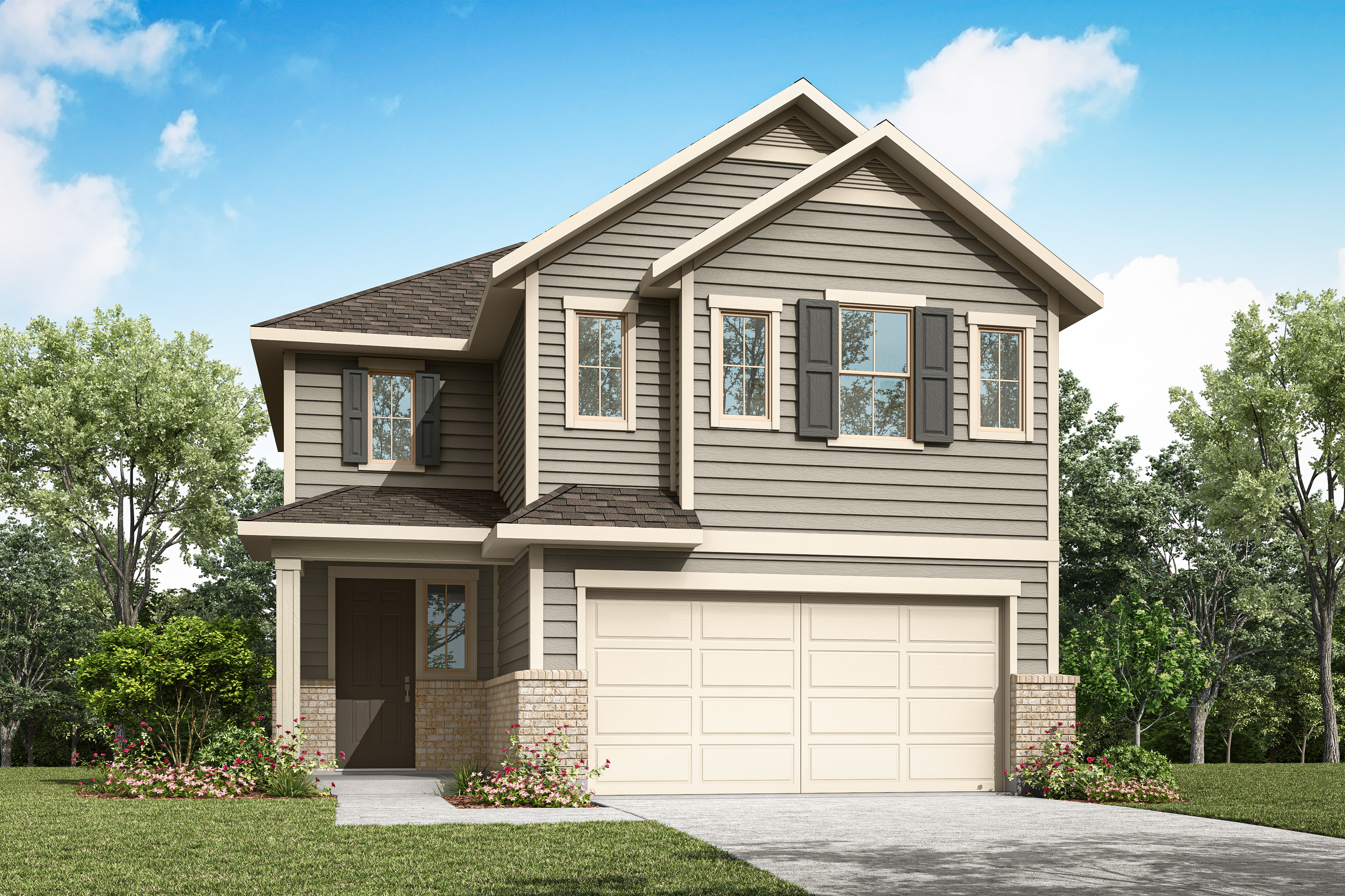A two-story residential house with a garage, surrounded by lush greenery and a clear blue sky with fluffy white clouds.