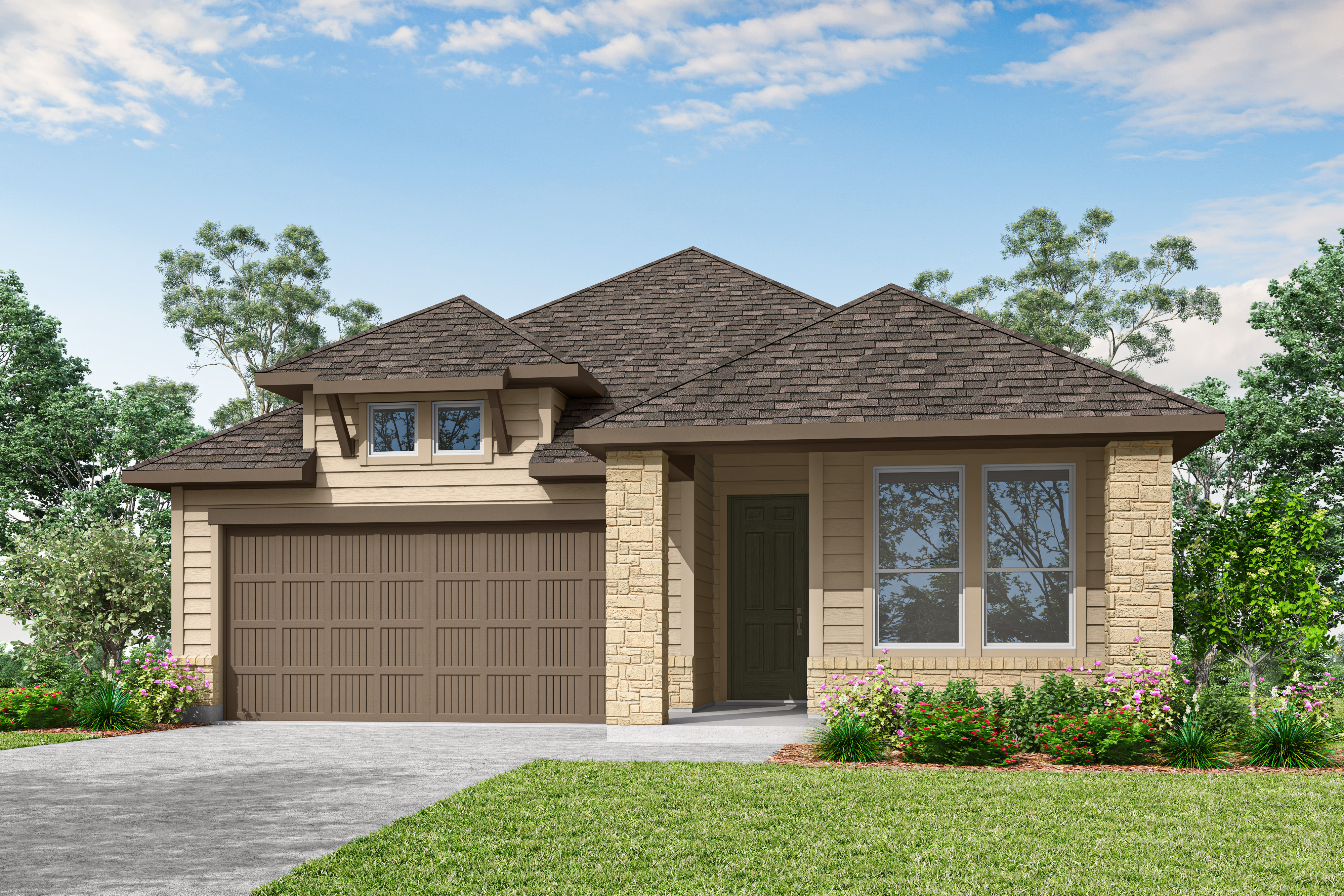 A two-story house with a brown roof, tan exterior, and a garage door sits on a grassy lawn surrounded by trees against a blue sky with scattered clouds.