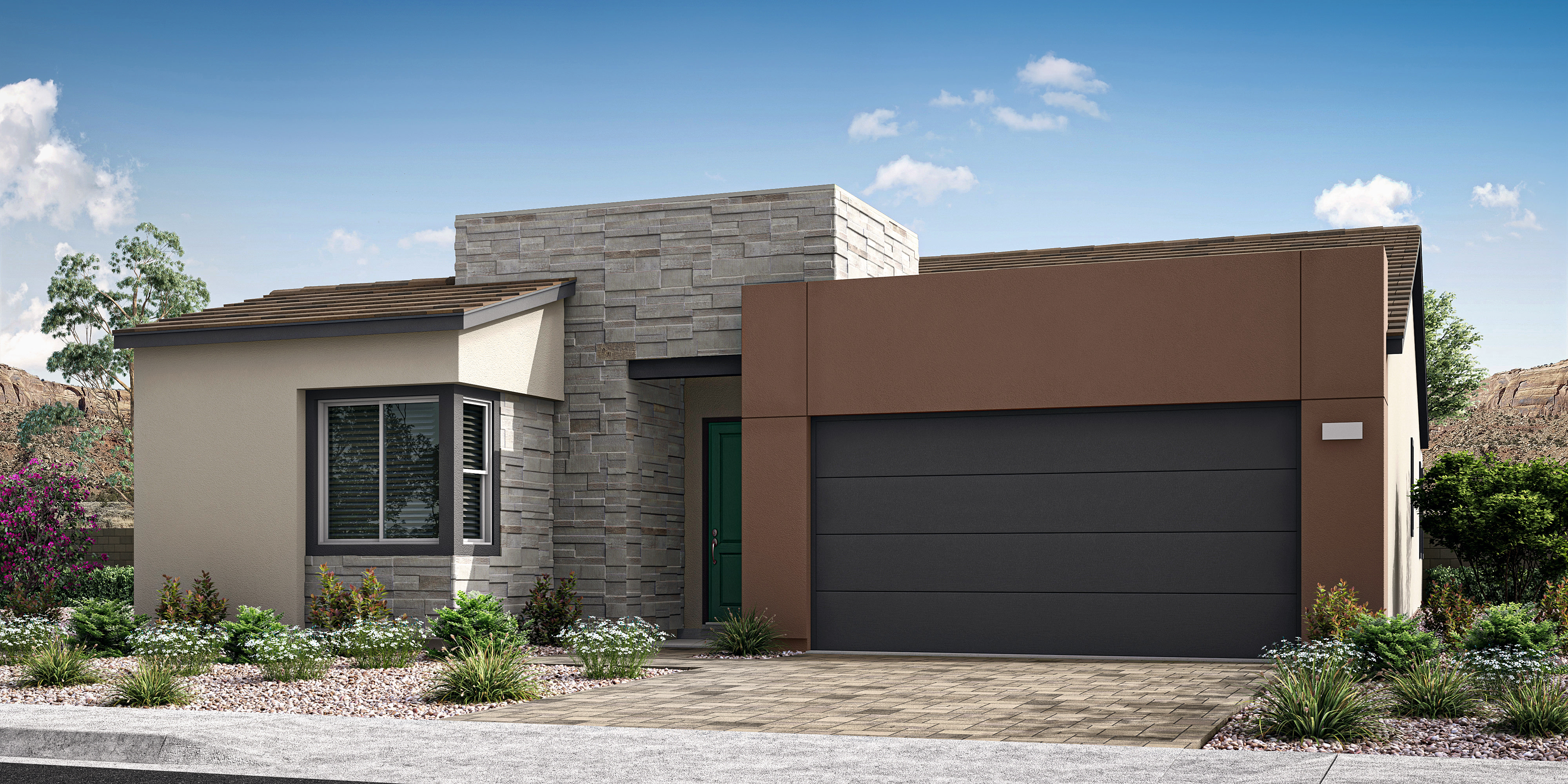 A modern, two-story residential building with a stone facade, a black garage door, and a well-landscaped front yard featuring various plants and flowers.