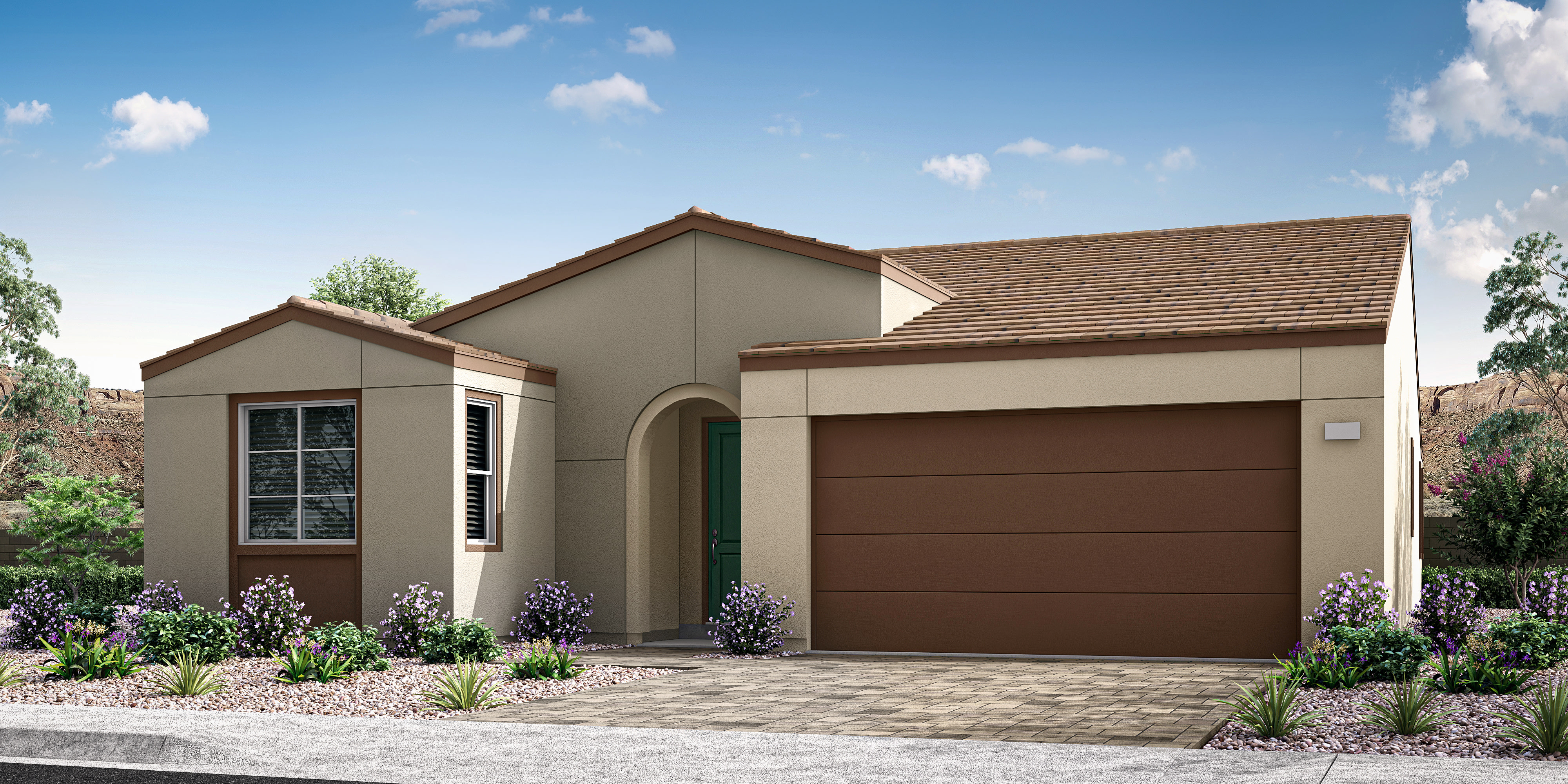 A modern, two-story house with a brown garage door, surrounded by a well-landscaped yard featuring purple flowers in the foreground and a clear blue sky with fluffy clouds in the background.