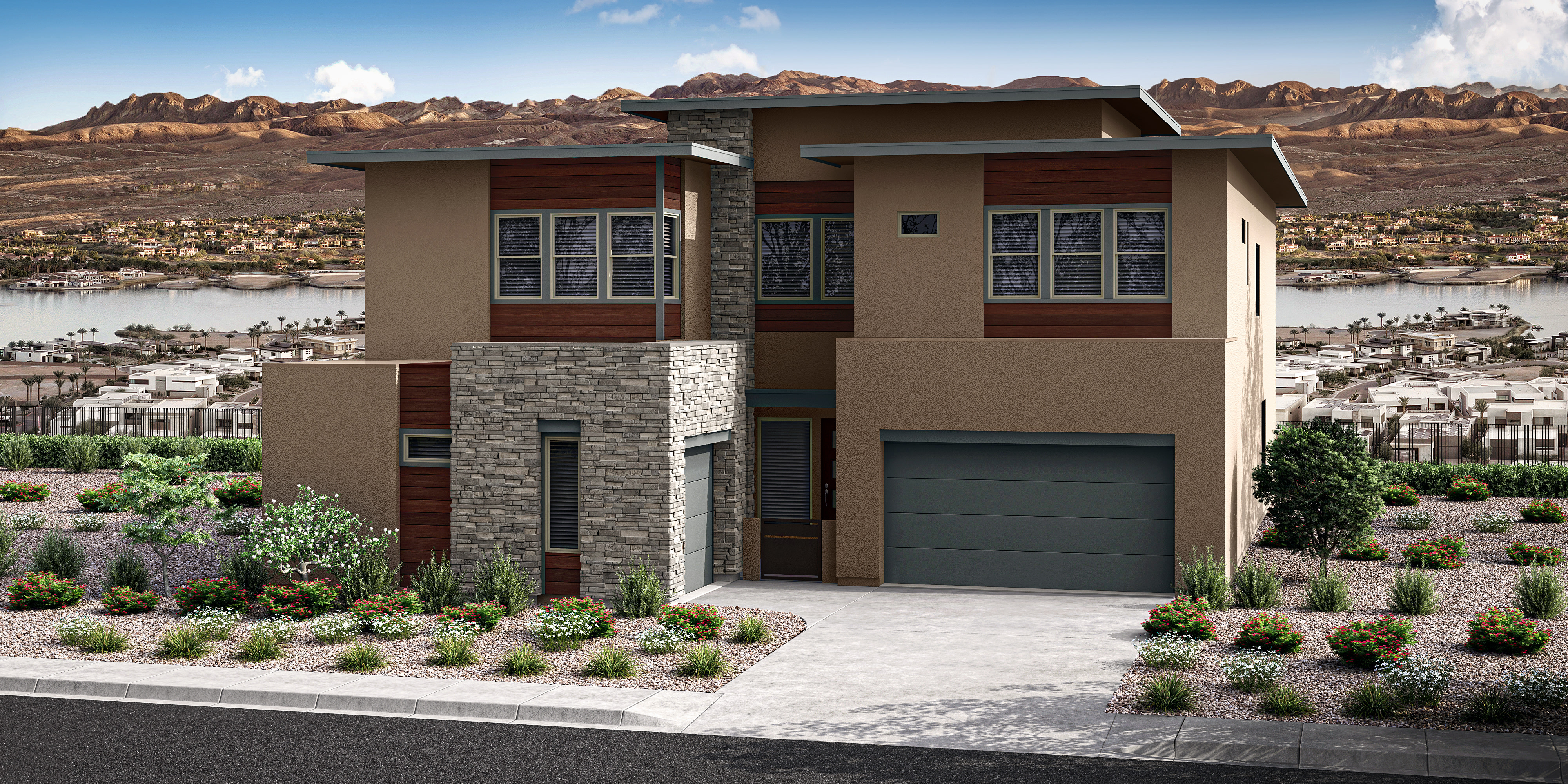 A modern, two-story residential building with a garage door and large windows, set against a backdrop of rugged mountains and a cityscape in the distance.