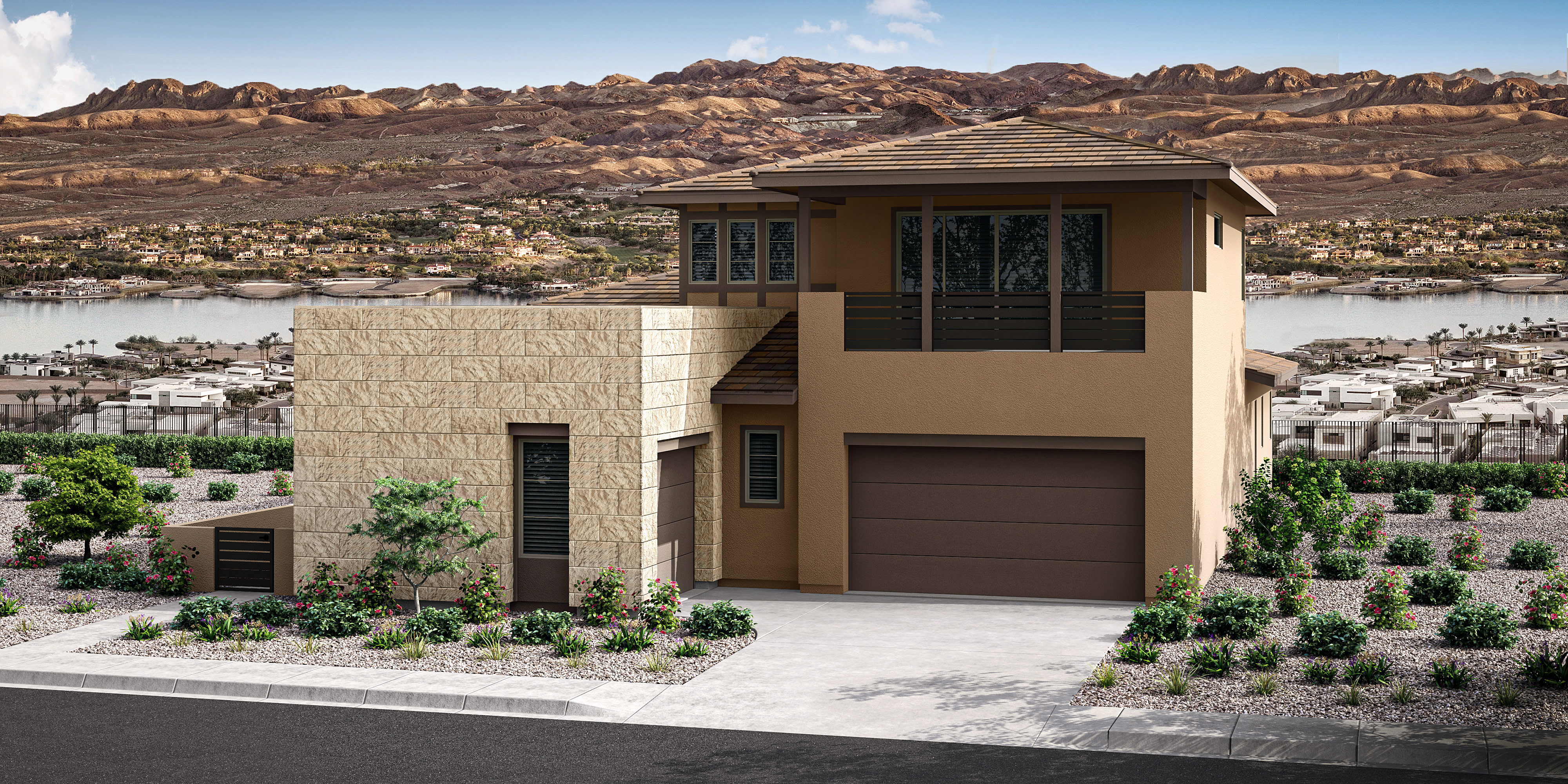 A modern two-story house with a garage door and decorative landscaping sits against a backdrop of rugged, mountainous terrain.