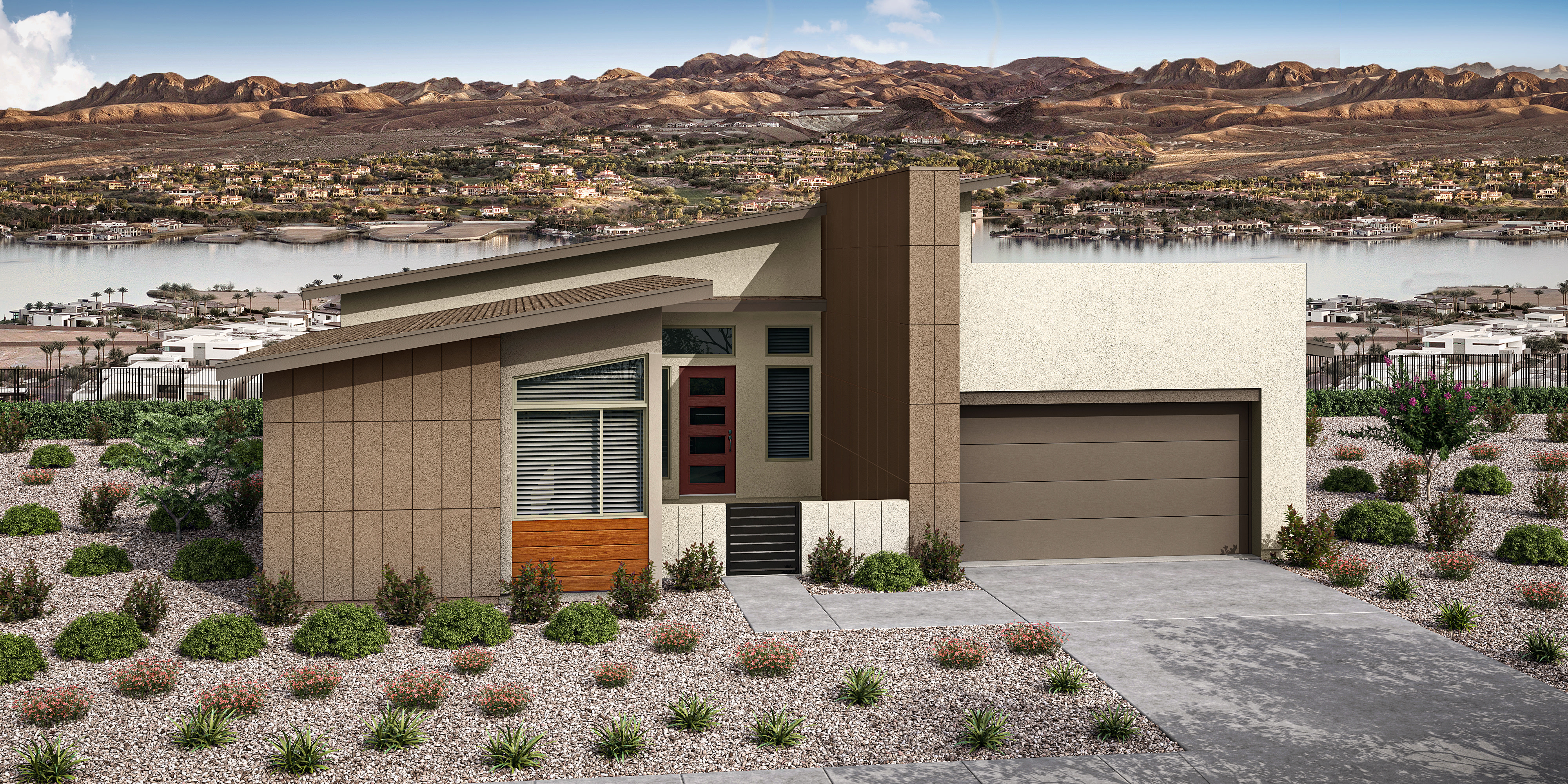 A modern, minimalist house with a garage door and landscaped yard sits against the backdrop of a rugged, mountainous landscape.