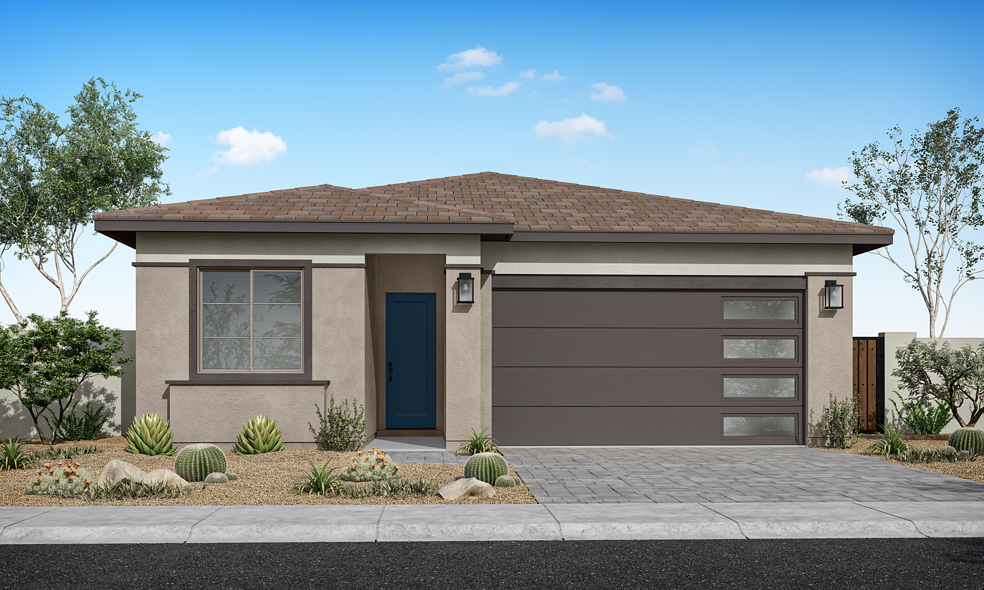 A modern, single-story house with a brown roof, gray exterior walls, and a paved driveway leading to the front entrance, surrounded by lush greenery and a clear blue sky.