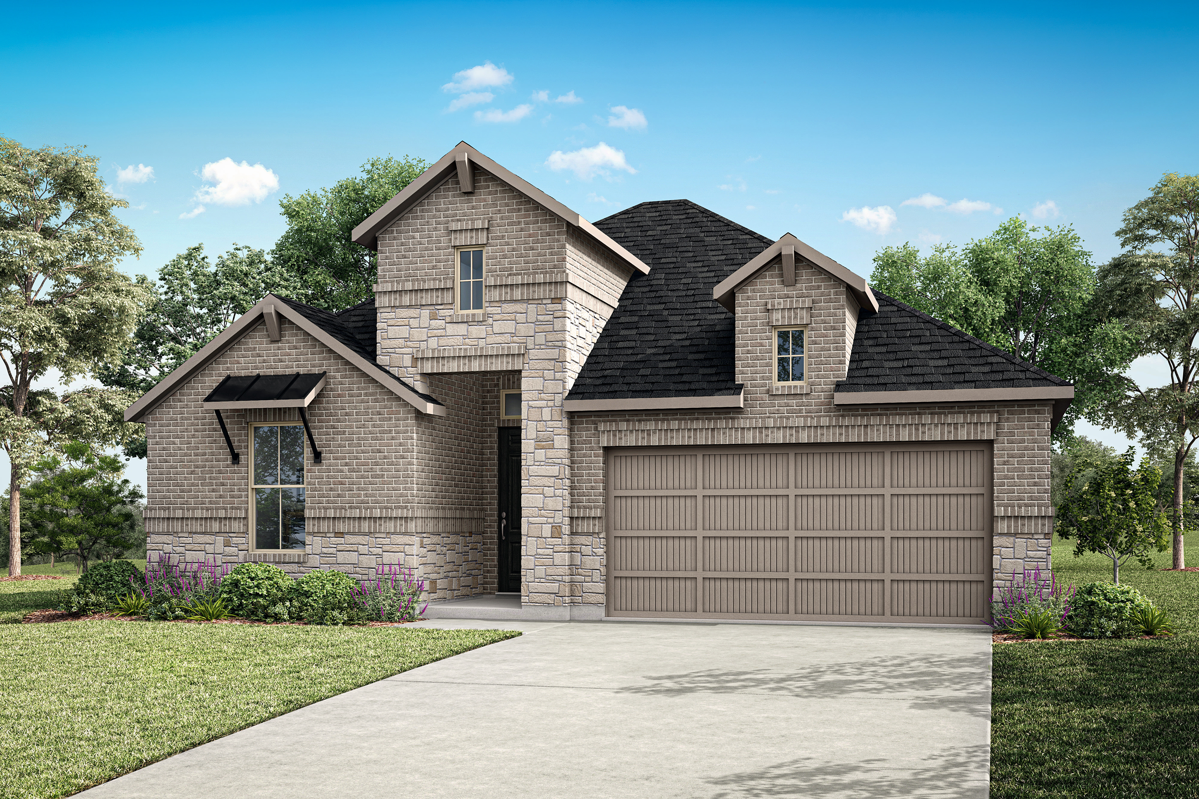 A two-story brick house with a garage, surrounded by lush greenery and a clear blue sky with fluffy clouds.