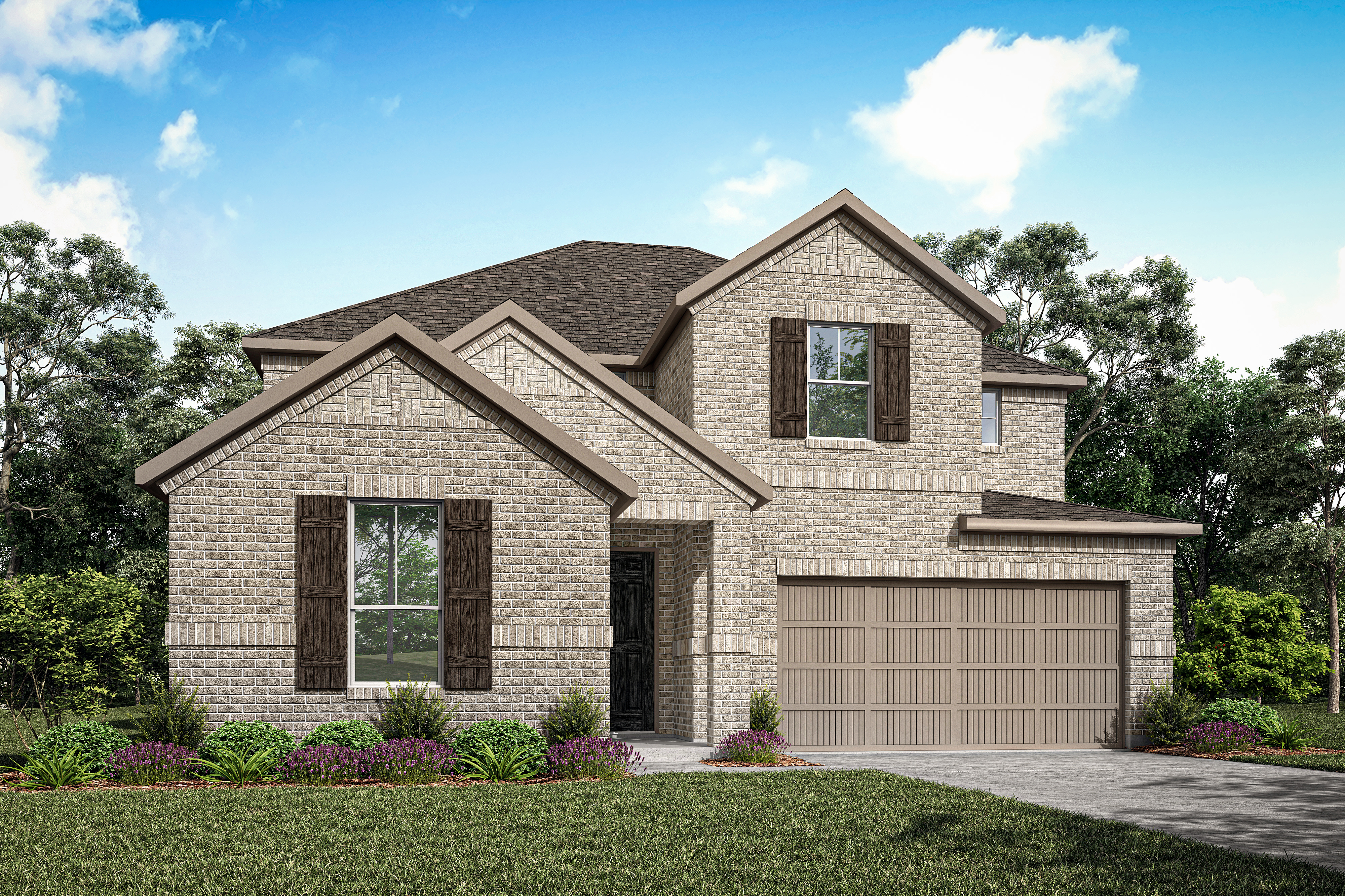 A two-story brick house with a garage, surrounded by lush greenery and a clear blue sky with fluffy white clouds.