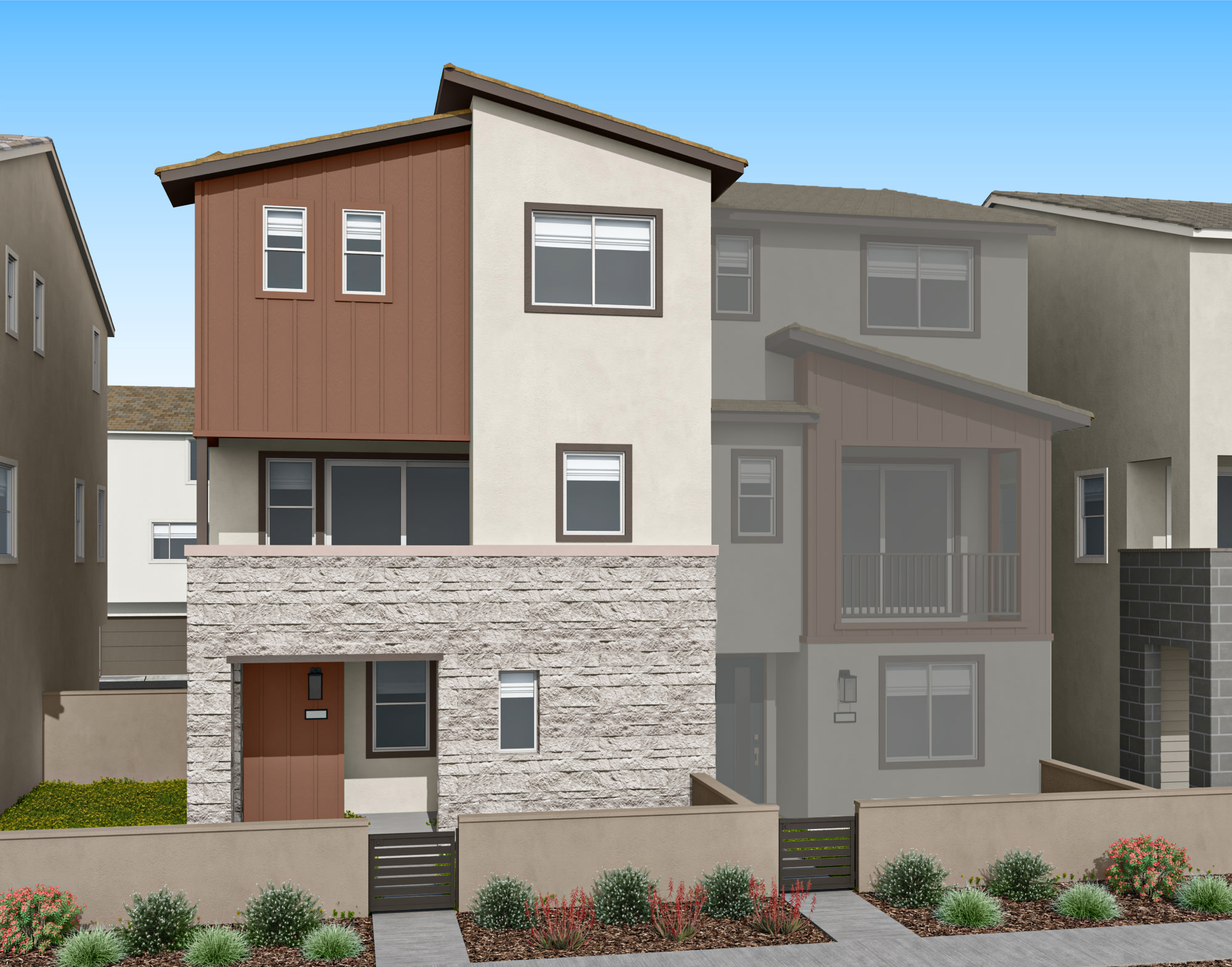 A multi-story residential building with a stone facade, wooden accents, and a well-landscaped front yard.