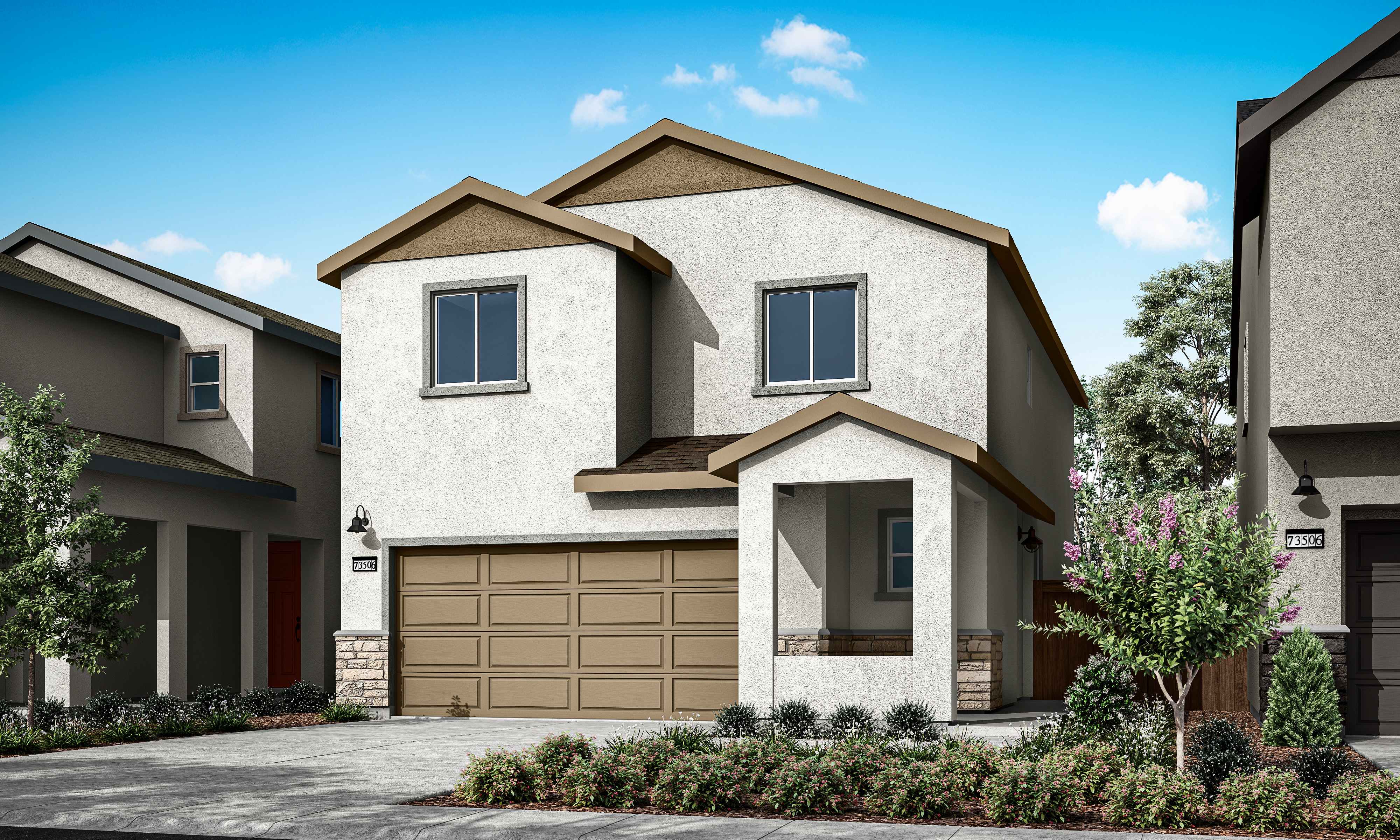A modern two-story house with a black garage door, white exterior, and a well-landscaped front yard set against a blue sky with fluffy clouds.