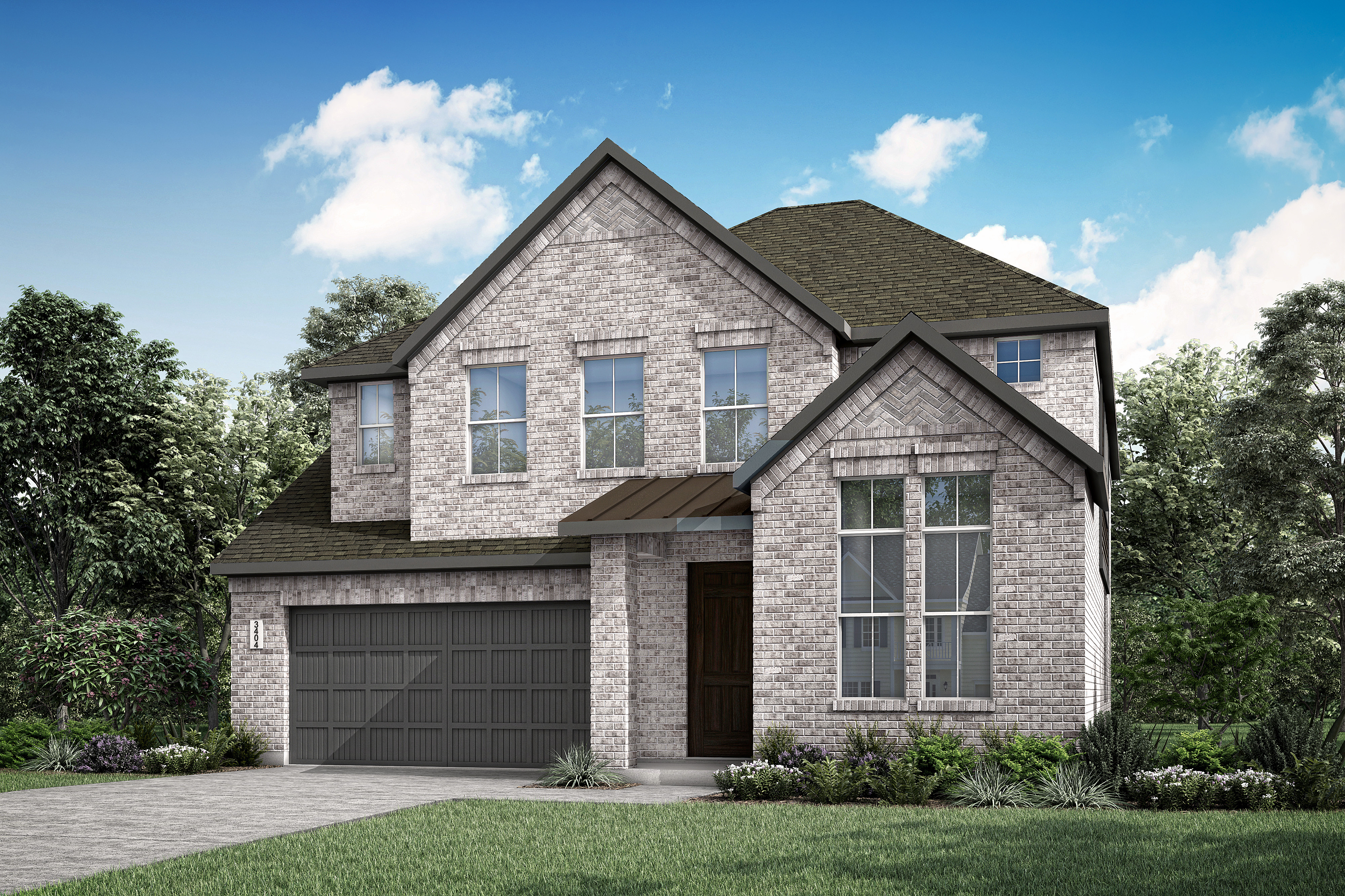 A two-story brick house with a garage, surrounded by lush greenery and a clear blue sky with fluffy white clouds.
