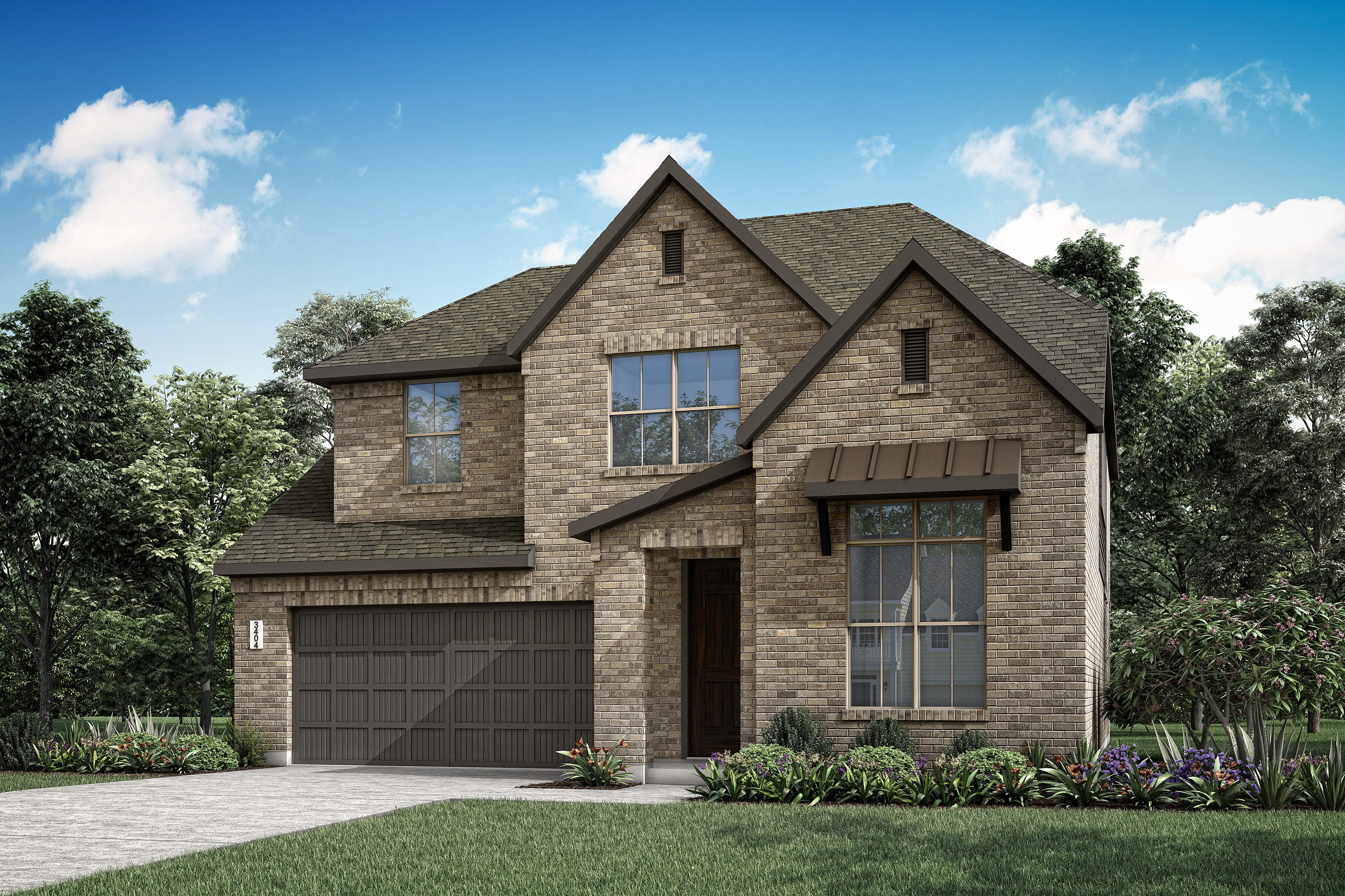 A two-story brick house with a garage, surrounded by lush greenery and a clear blue sky with fluffy white clouds.