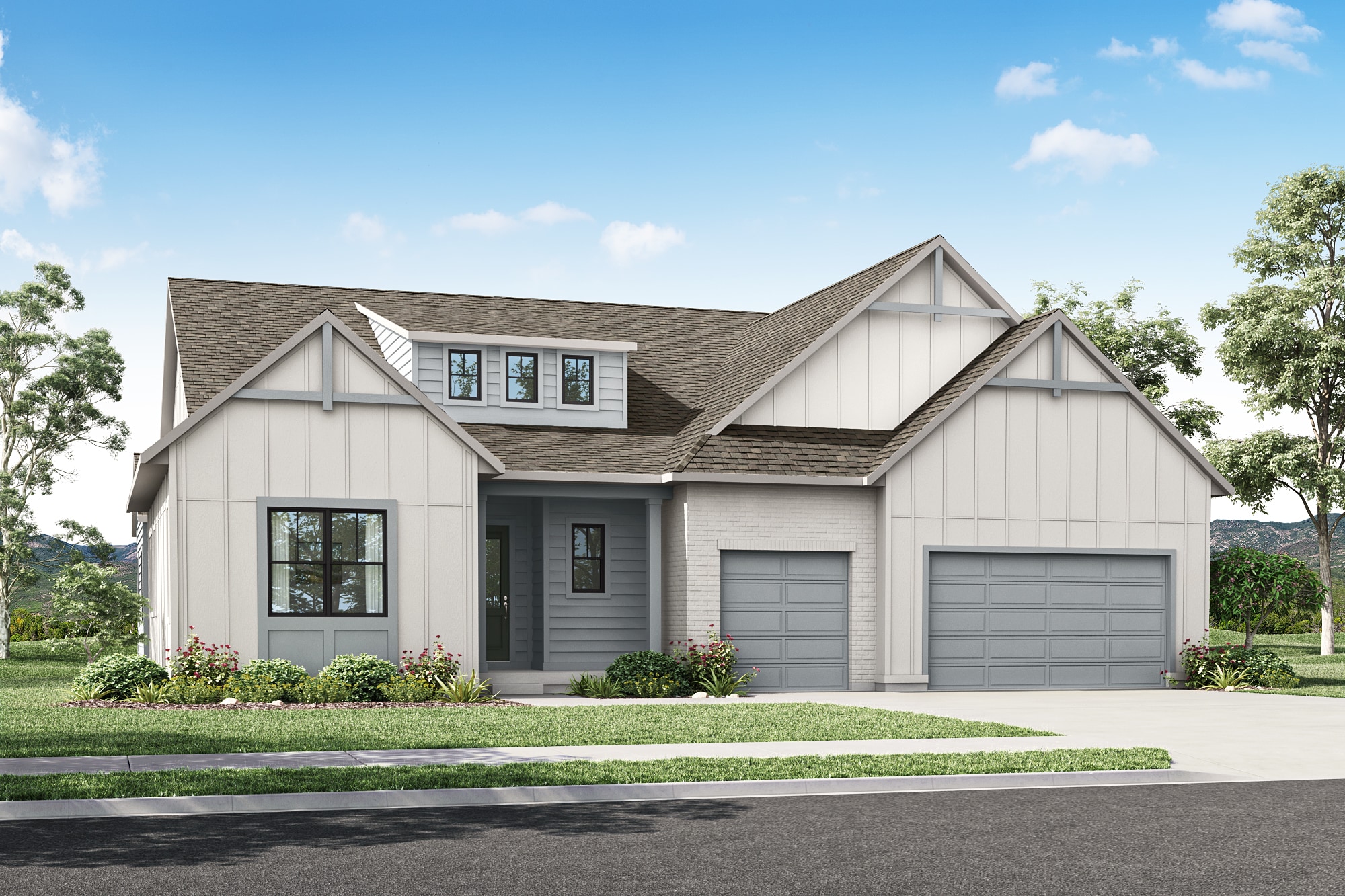 A two-story modern farmhouse-style home with a gray exterior, a gabled roof, and a well-manicured lawn surrounded by lush greenery and a clear blue sky.